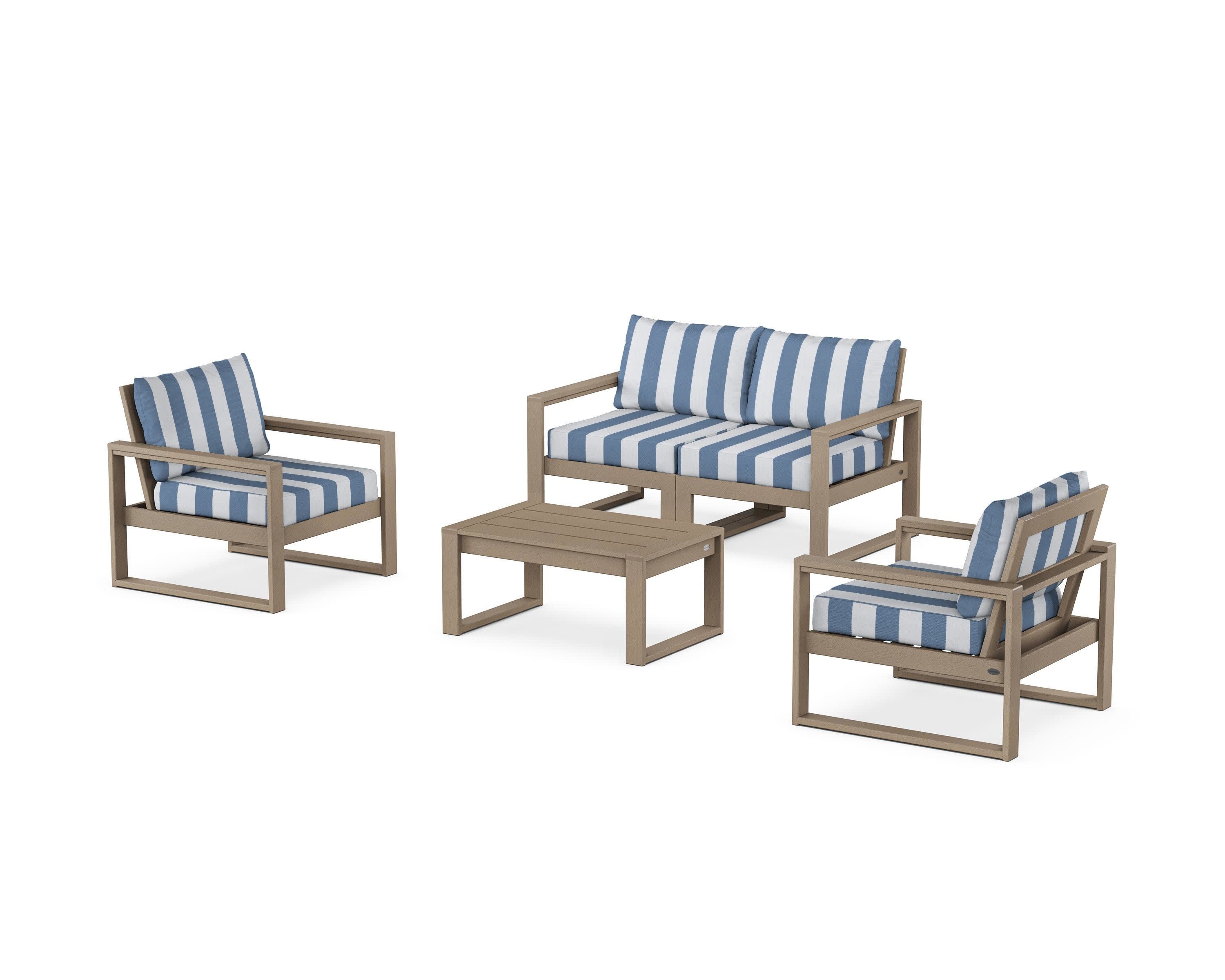 EDGE Sectional 4-Piece Deep Seating Set with Loveseat in Vintage Sahara / Cabana Stripe Sky Blue