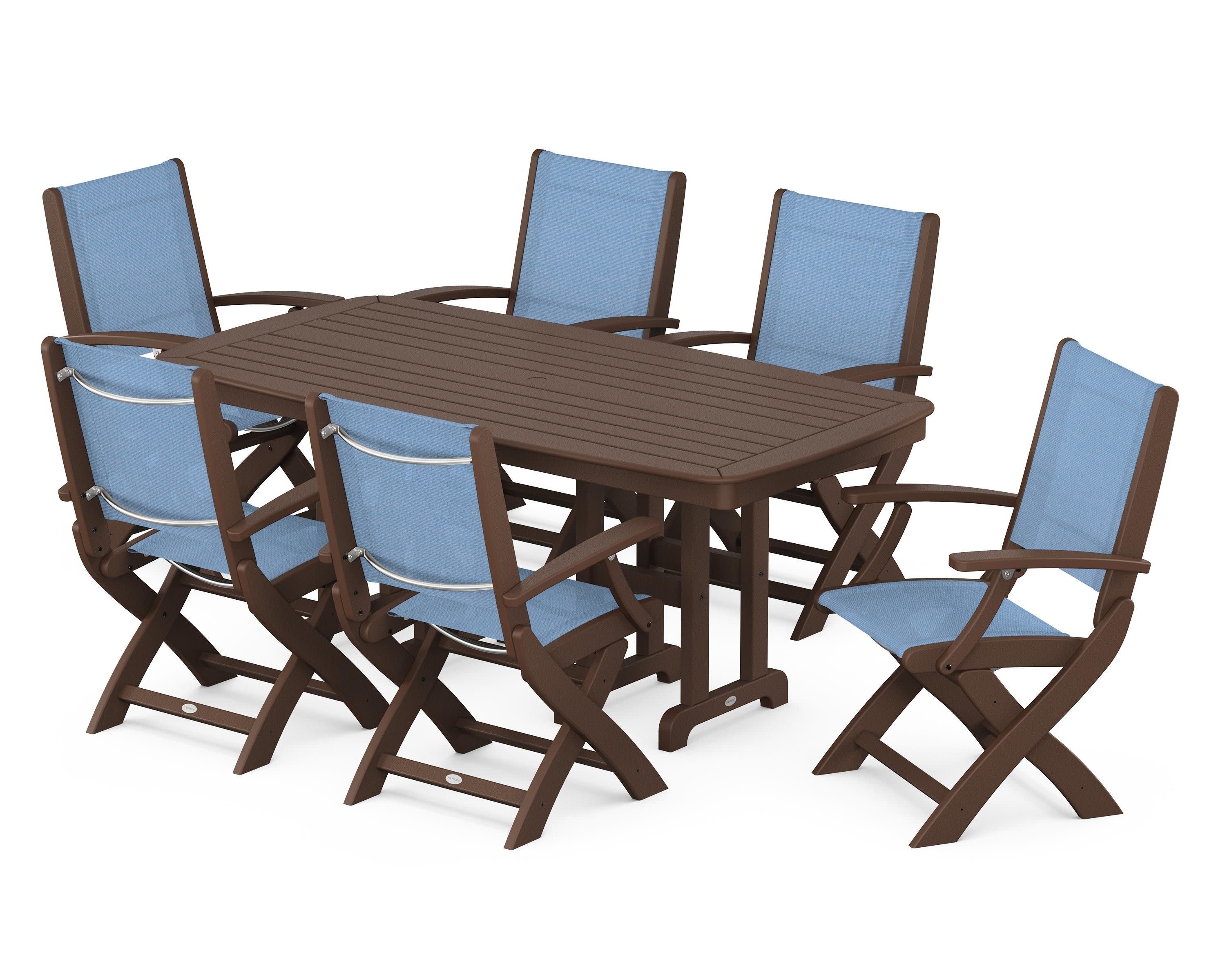 Coastal Folding Arm Chair 7-Piece Dining Set in Mahogany / Poolside Sling