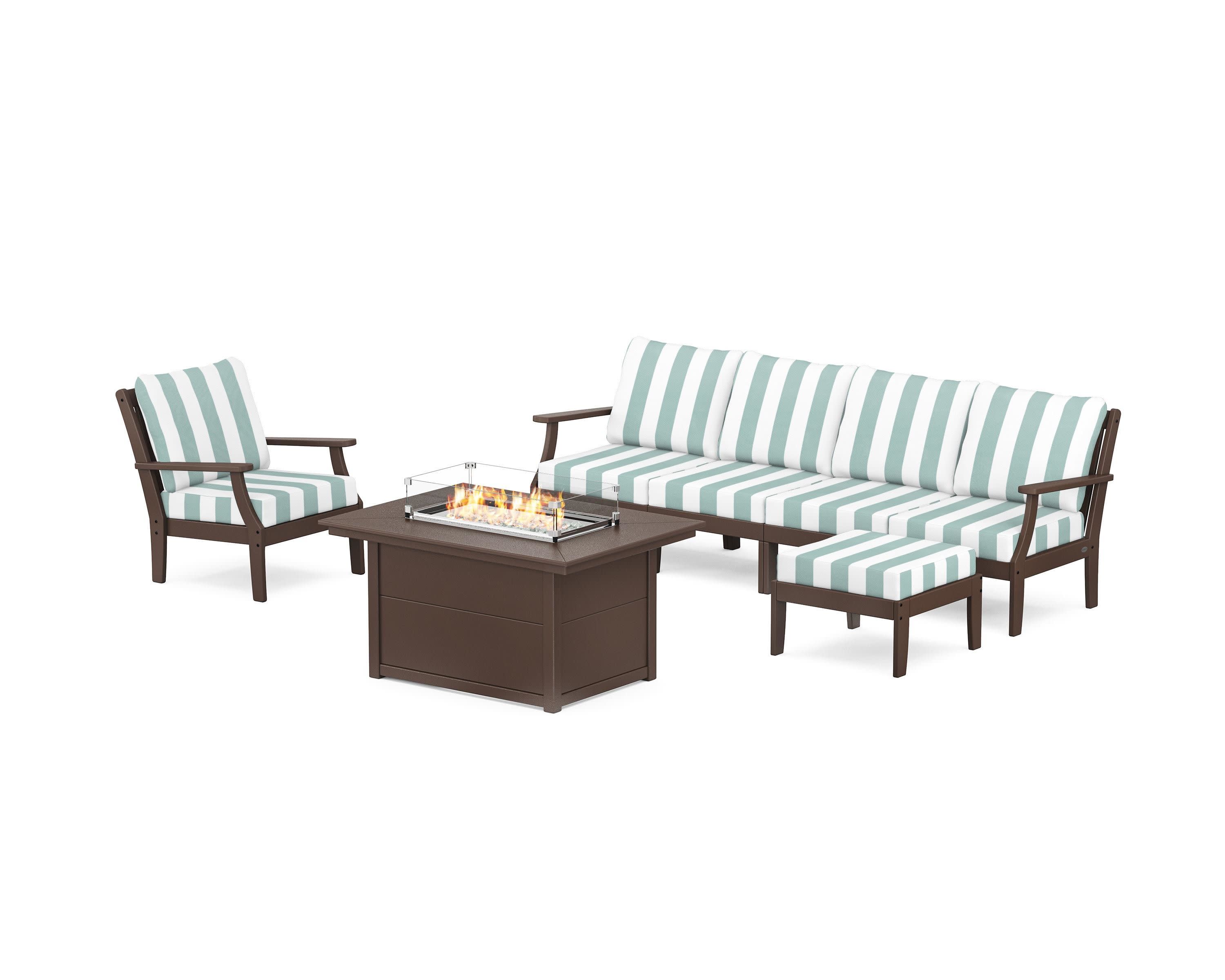 Braxton Sectional Lounge and Fire Pit Set in Mahogany / Cabana Stripe Glacier Spa