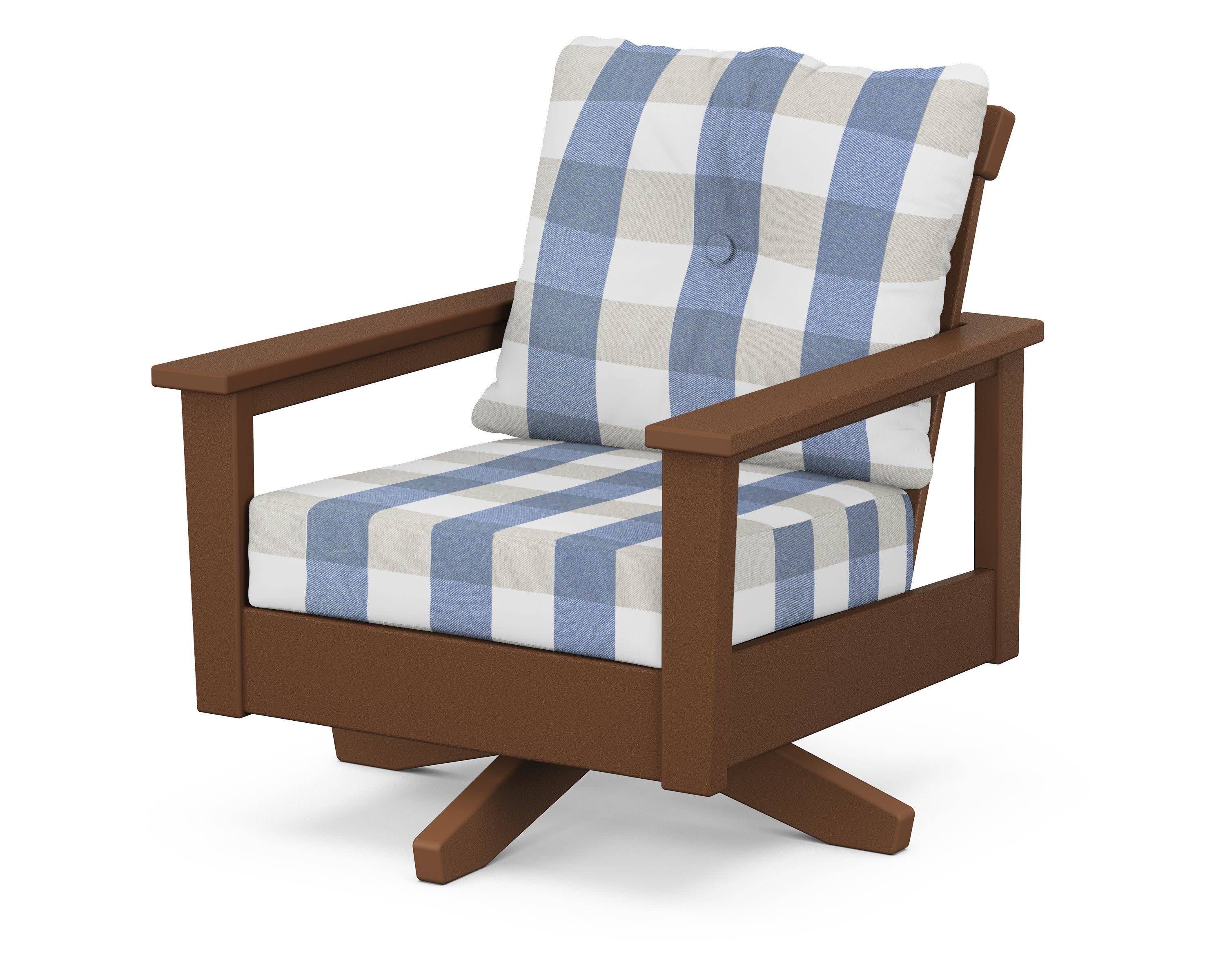 Prescott Deep Seating Swivel Chair in Teak / Buffalo Plaid Sky Blue
