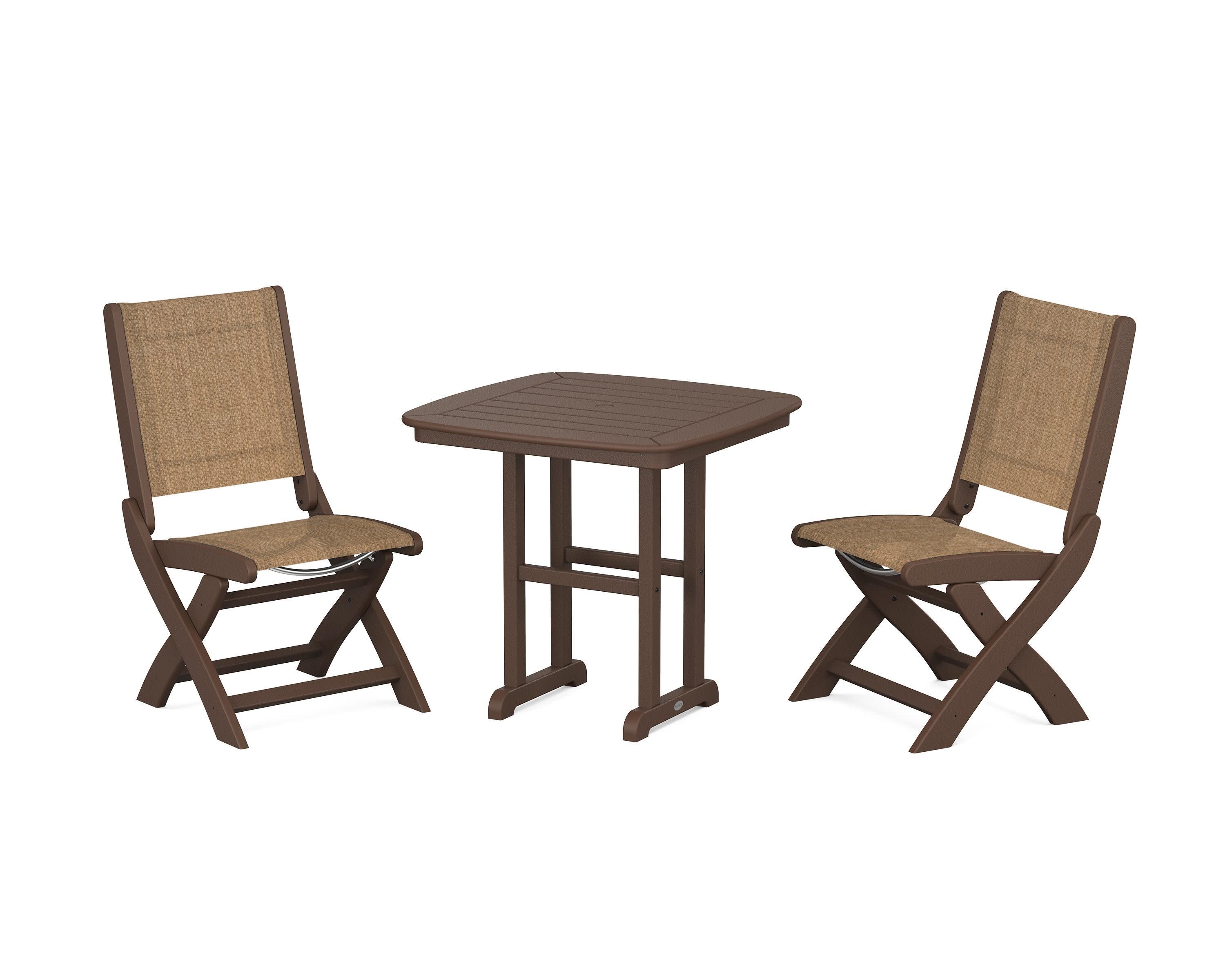 Coastal Folding Side Chair 3-Piece Dining Set in Mahogany / Burlap Sling
