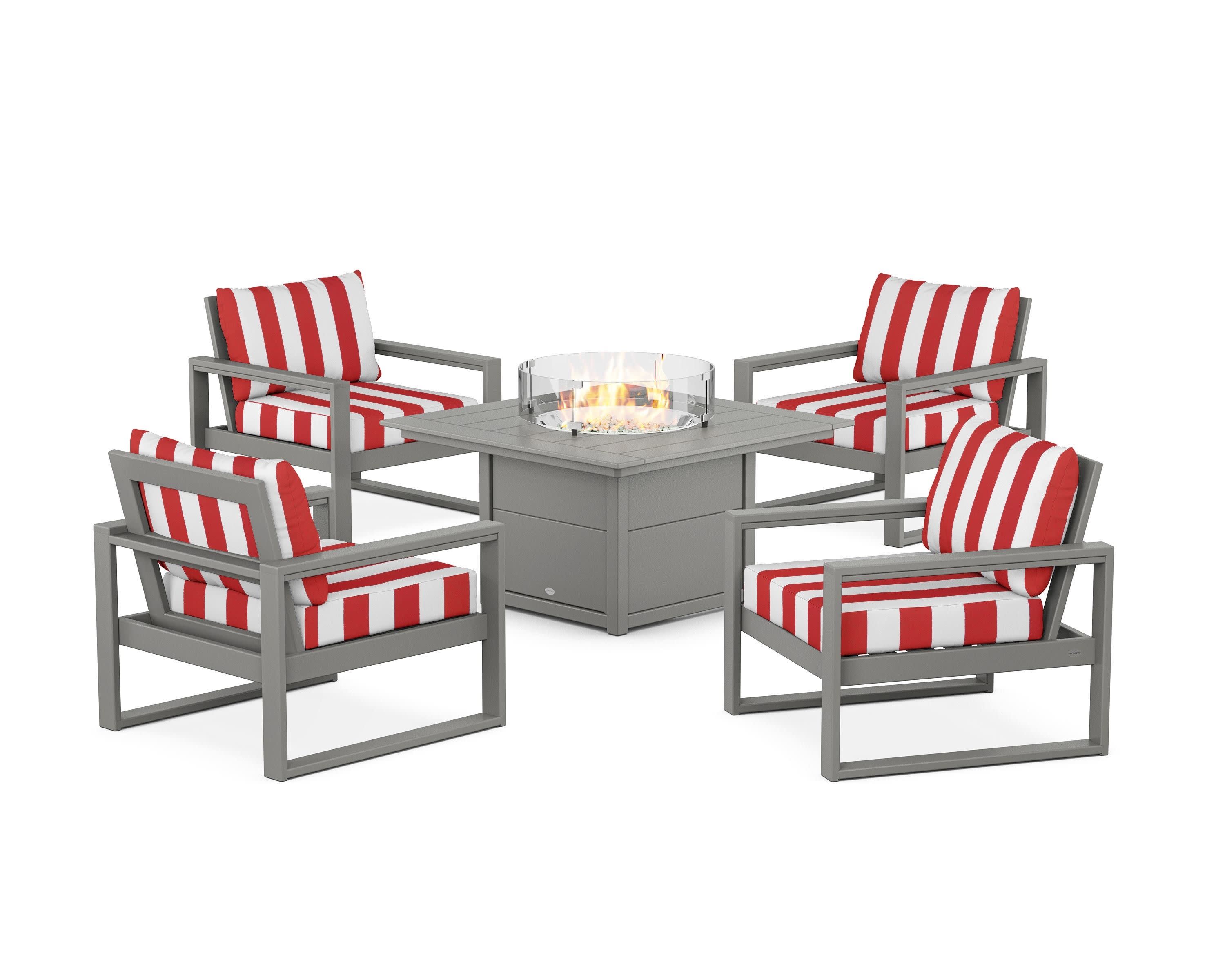 EDGE Sectional 5-Piece Deep Seating Set with Fire Pit Table in Slate Grey / Cabana Stripe Crimson