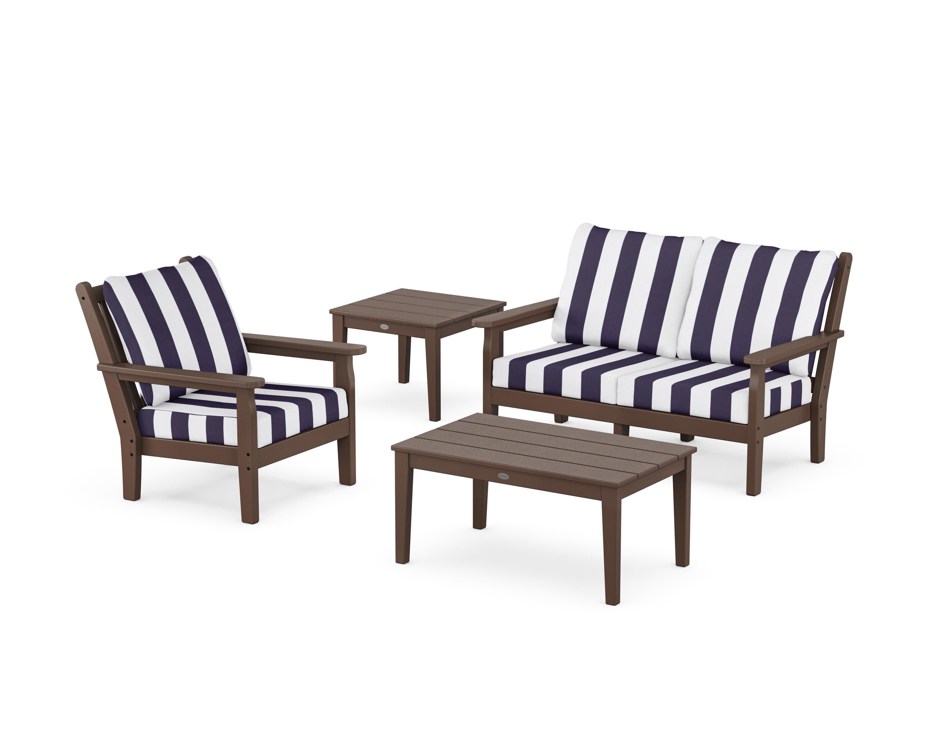 Chippendale 4-Piece Deep Seating Set in Mahogany / Cabana Stripe Navy