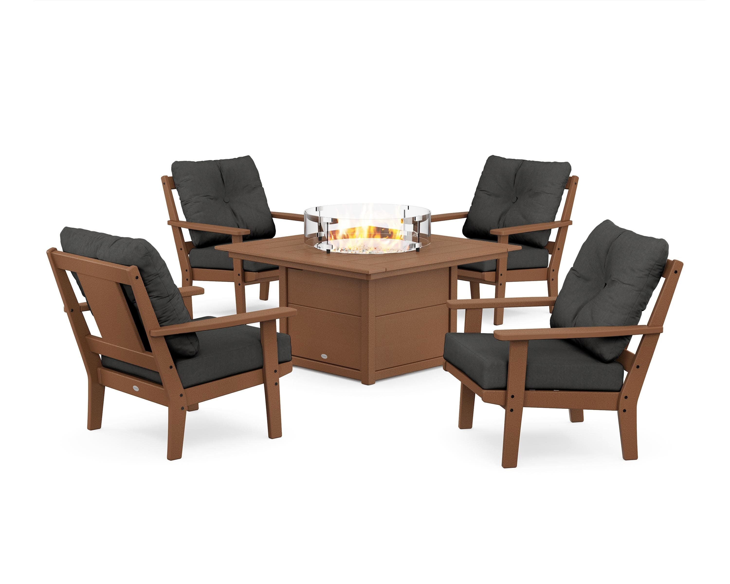 Prairie 5-Piece Deep Seating Set with Fire Pit Table in Teak / Spectrum Carbon