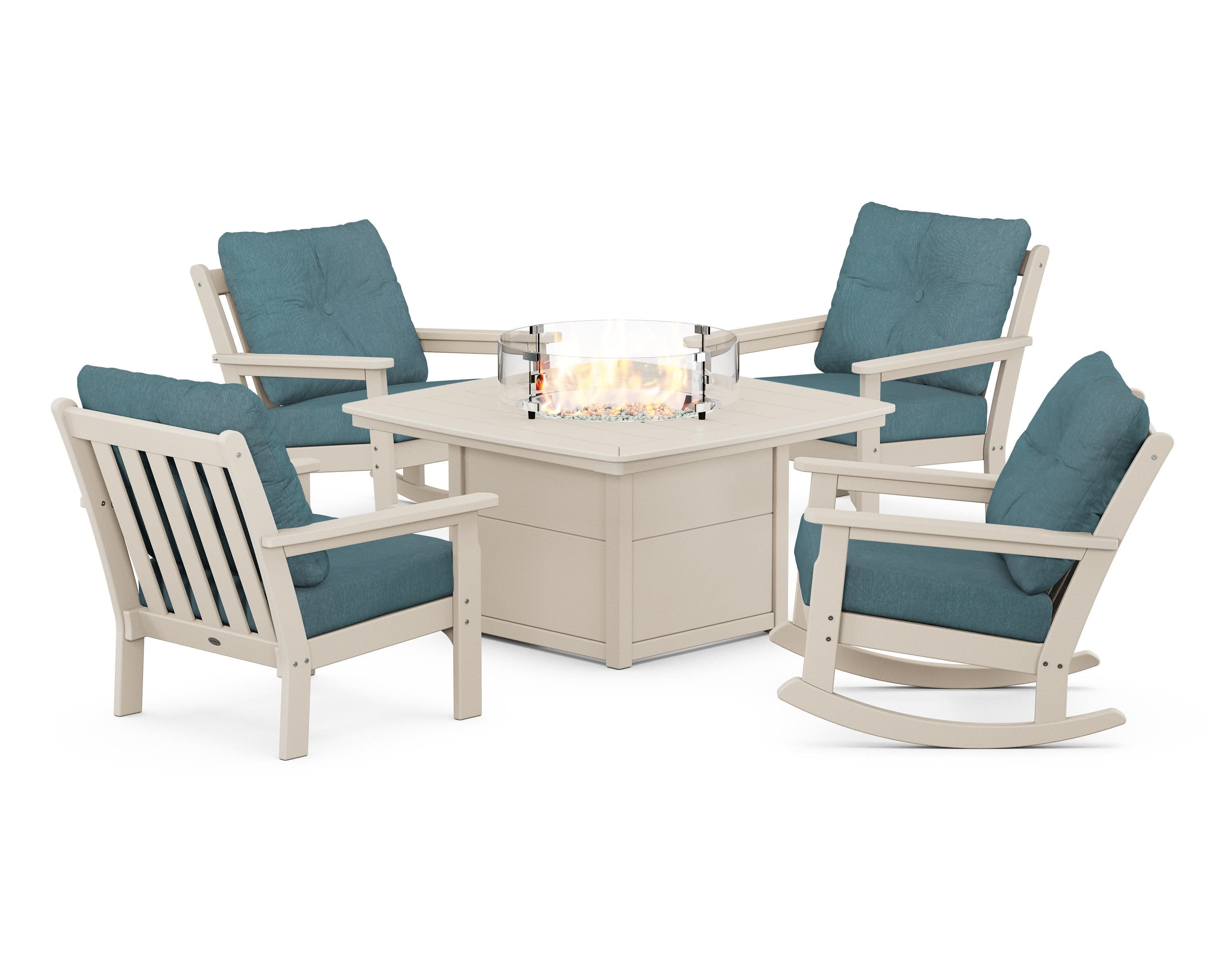 Vineyard 5-Piece Deep Seating Rocking Chair Conversation Set with Fire Pit Table in Sand / Ocean Teal