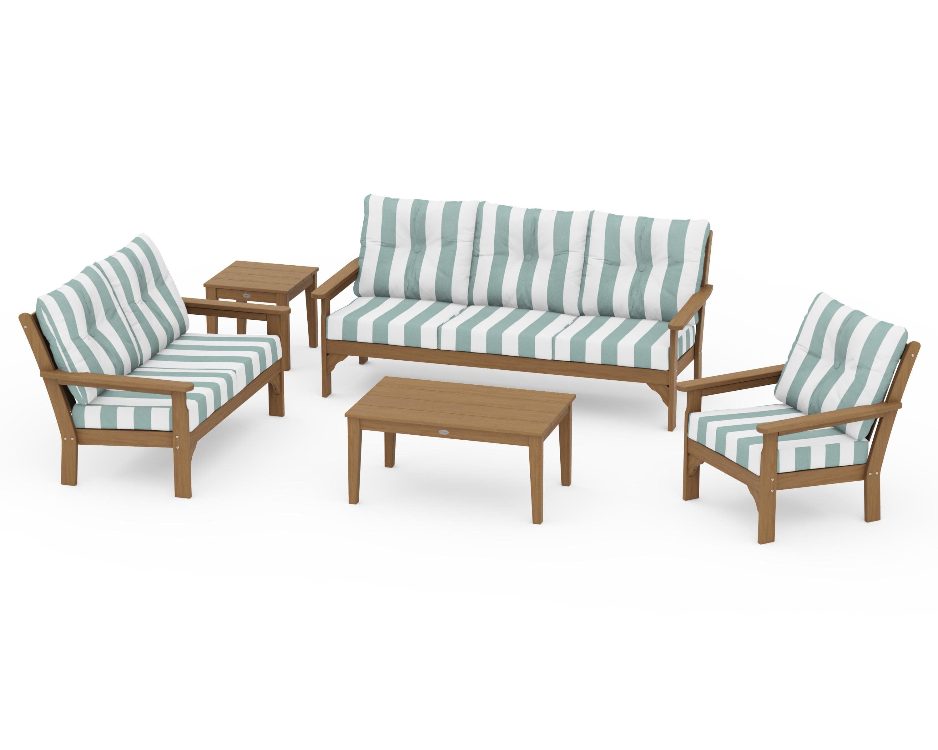 Vineyard 5 Piece Deep Seating Set in Natural / Cabana Stripe Glacier Spa