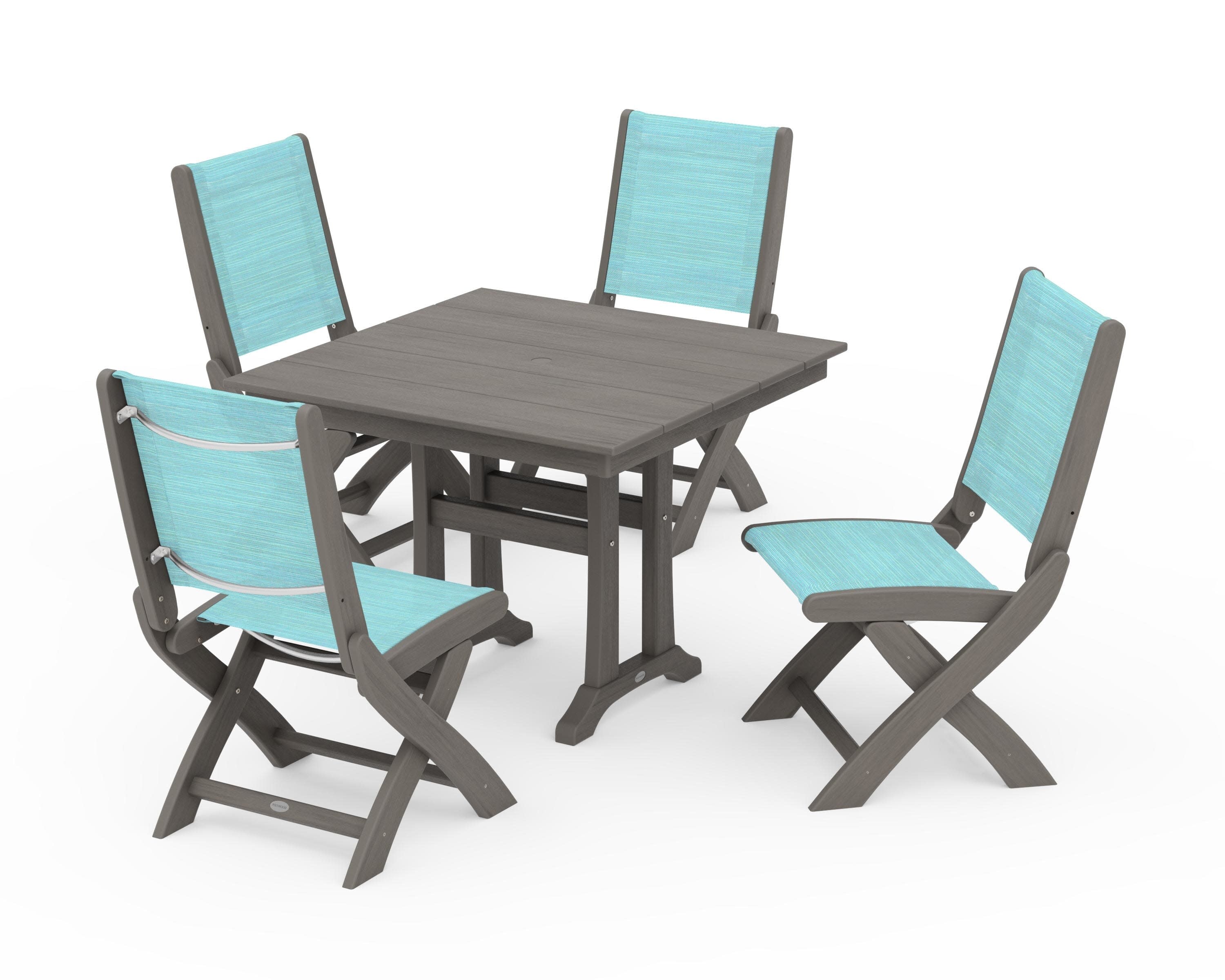 Coastal Folding Side Chair 5-Piece Farmhouse Dining Set With Trestle Legs in Driftwood / Dupioni Aquamarine Sling