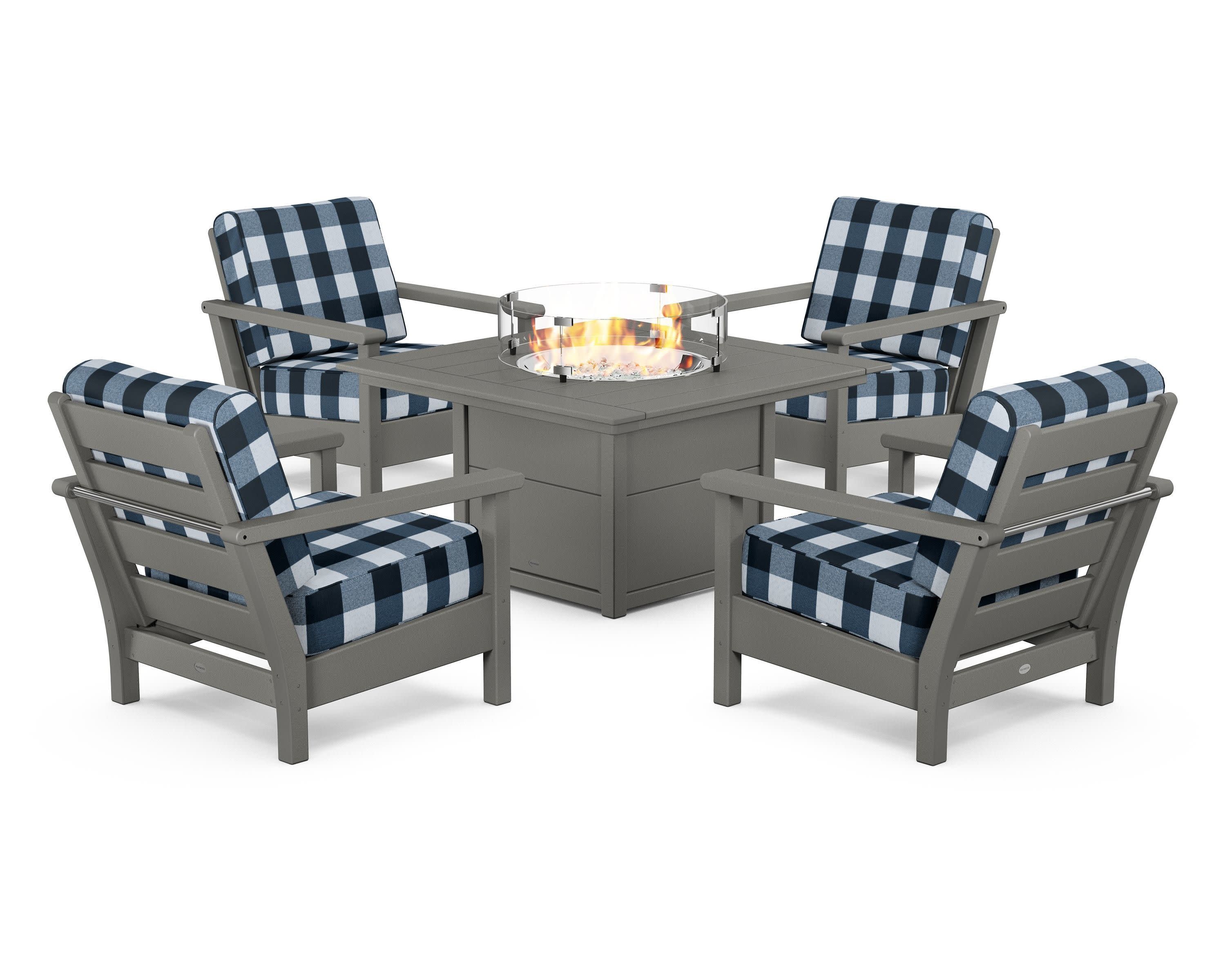 Harbour 5-Piece Conversation Set with Fire Pit Table in Slate Grey / Buffalo Plaid Marine Indigo