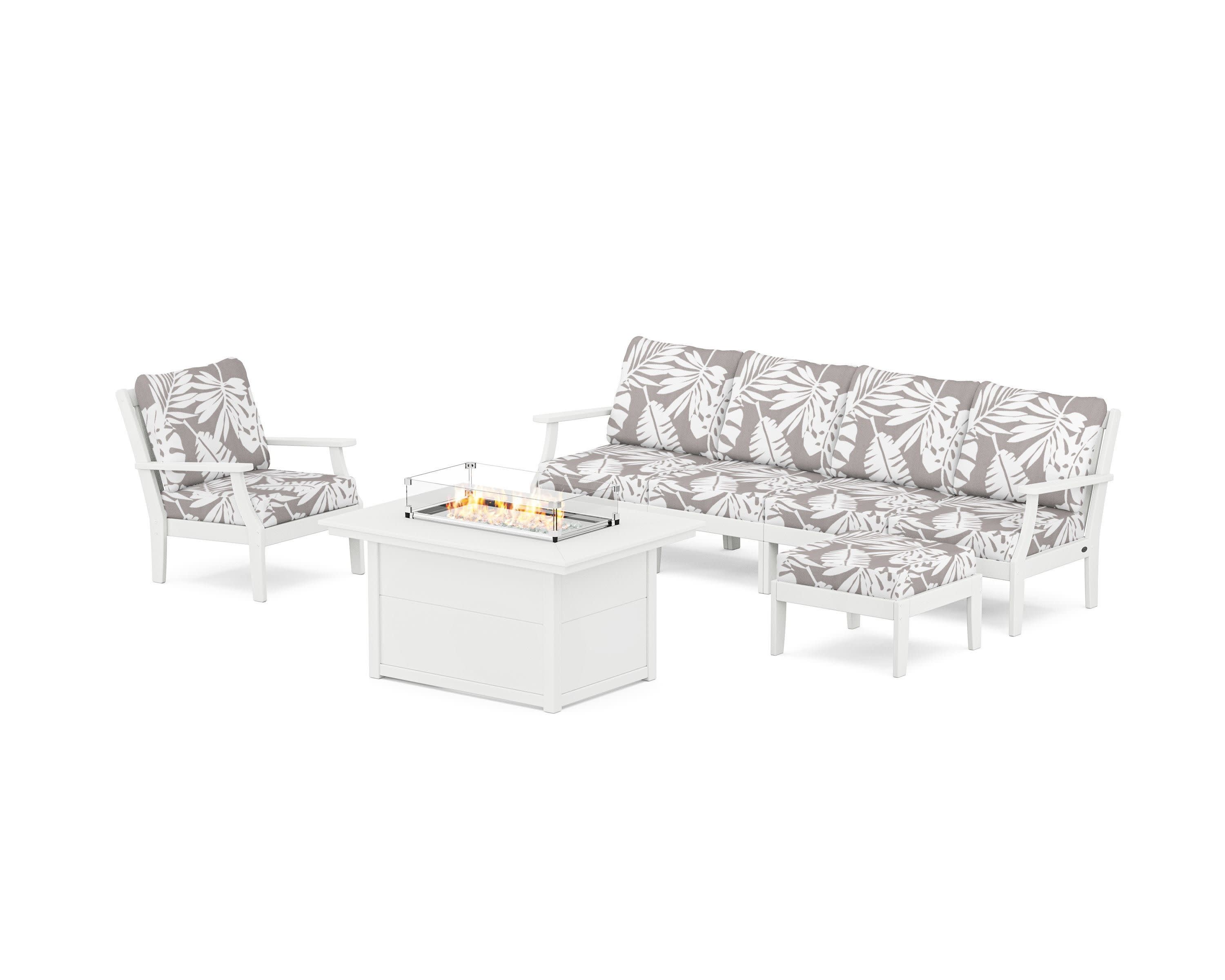 Braxton Sectional Lounge and Fire Pit Set in White / Leaf Grey Mist