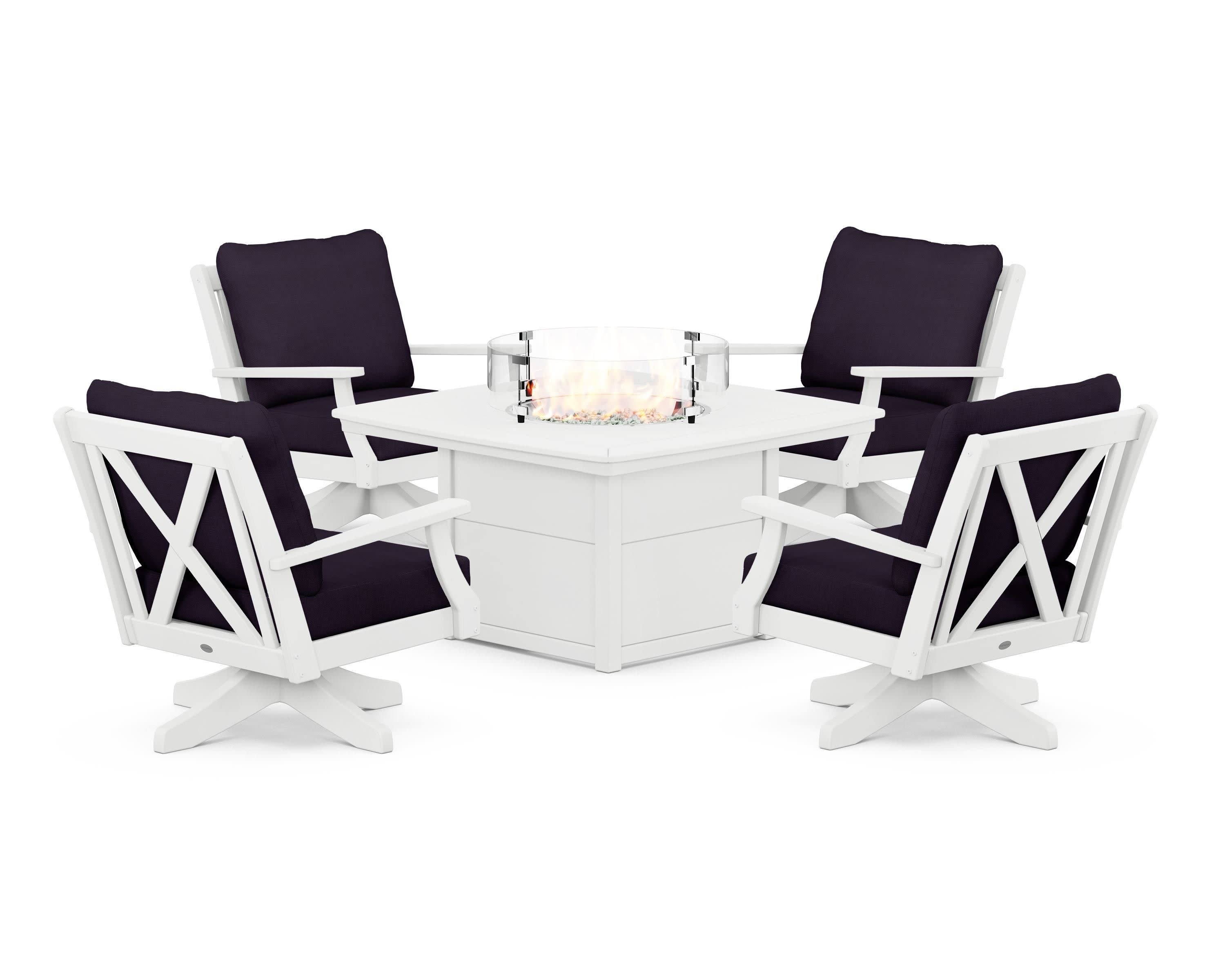 Braxton 5-Piece Deep Seating Swivel Conversation Set with Fire Pit Table in White / Navy Linen