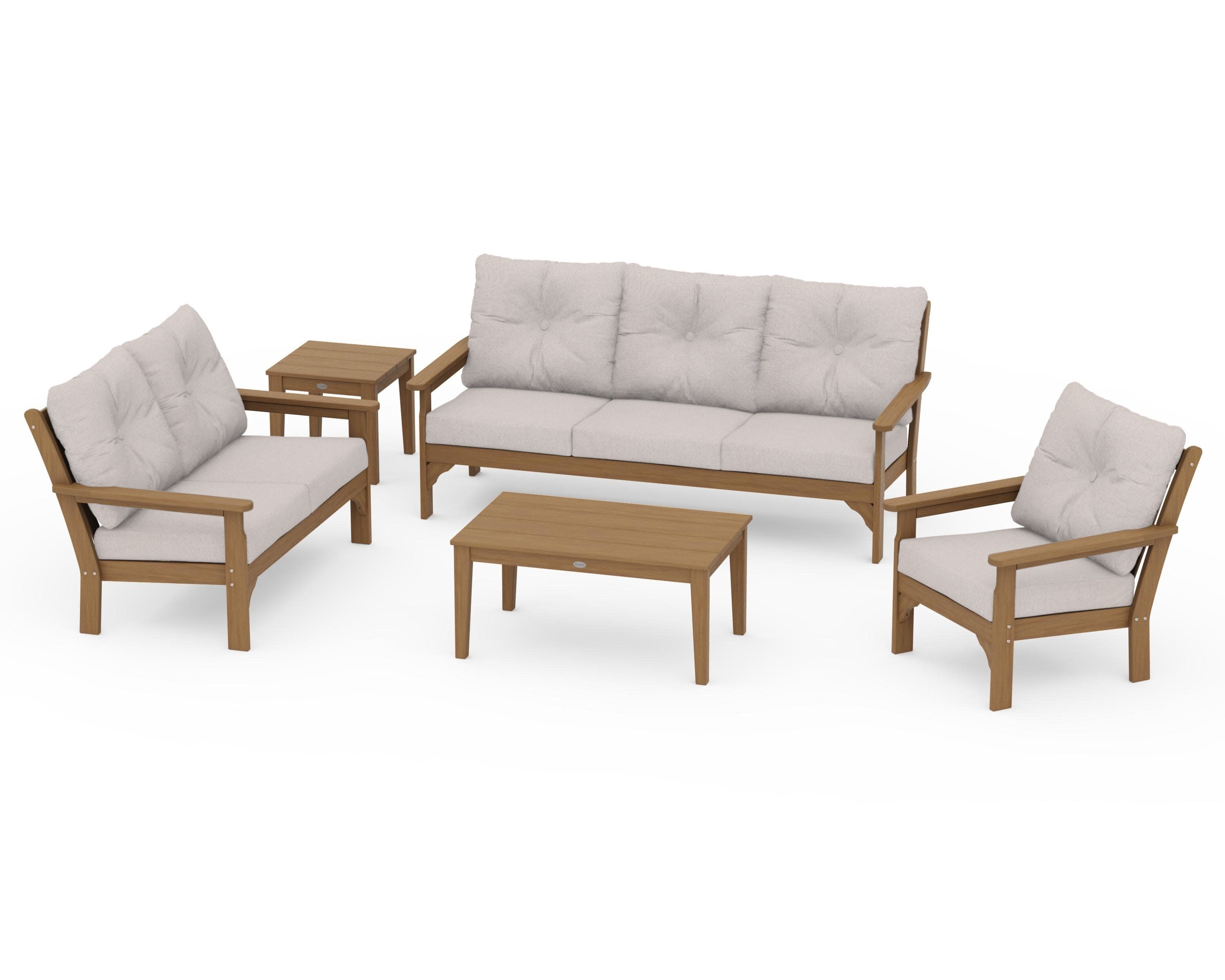 Vineyard 5 Piece Deep Seating Set in Natural / Dune Burlap