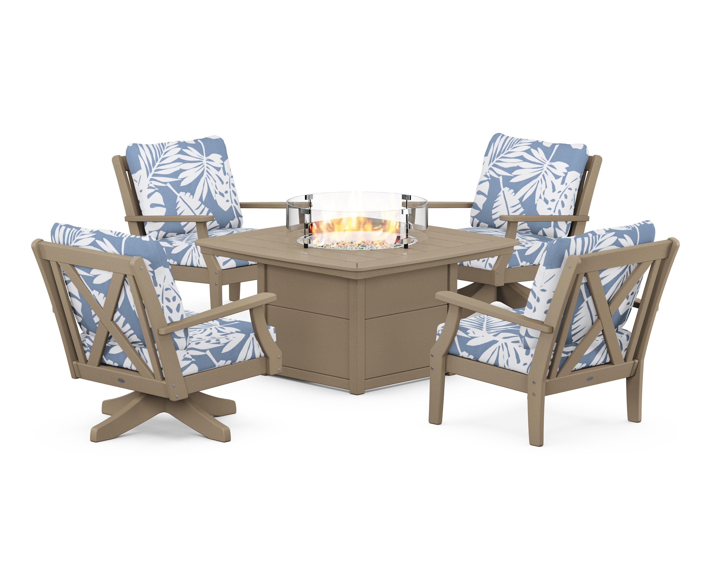 Braxton 5-Piece Deep Seating Set with Fire Table in Vintage Sahara / Leaf Sky Blue