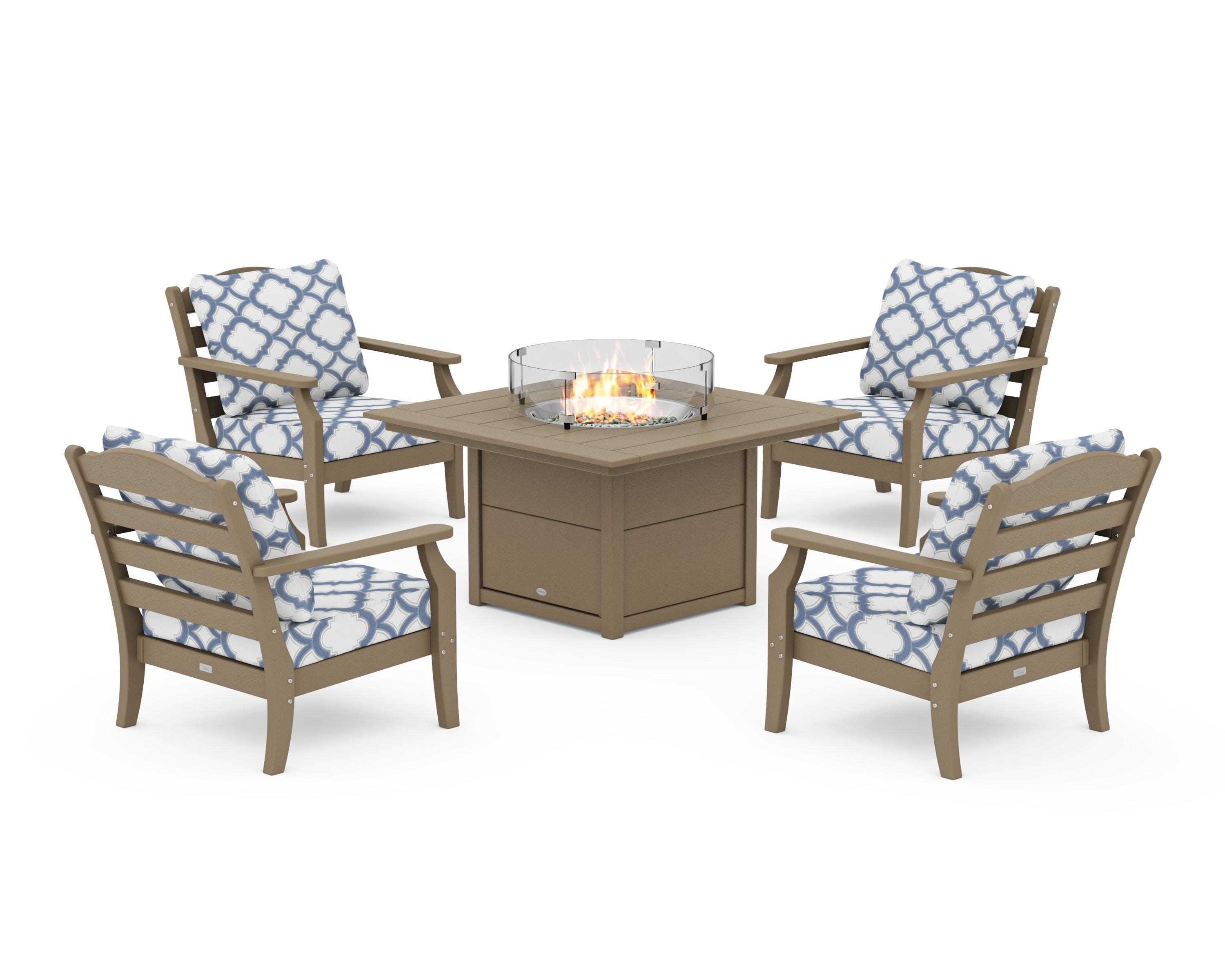 Savannah 5-Piece Deep Seating Set with Fire Pit Table in Vintage Sahara / Trellis Sky Blue