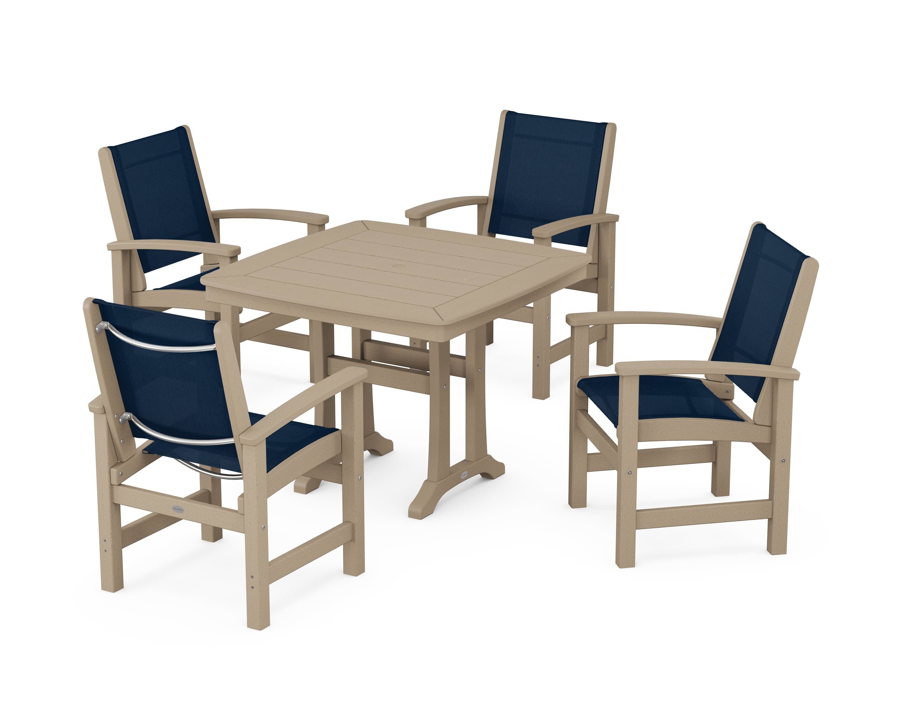 Coastal 5-Piece Dining Set with Trestle Legs in Vintage Sahara / Navy Blue Sling