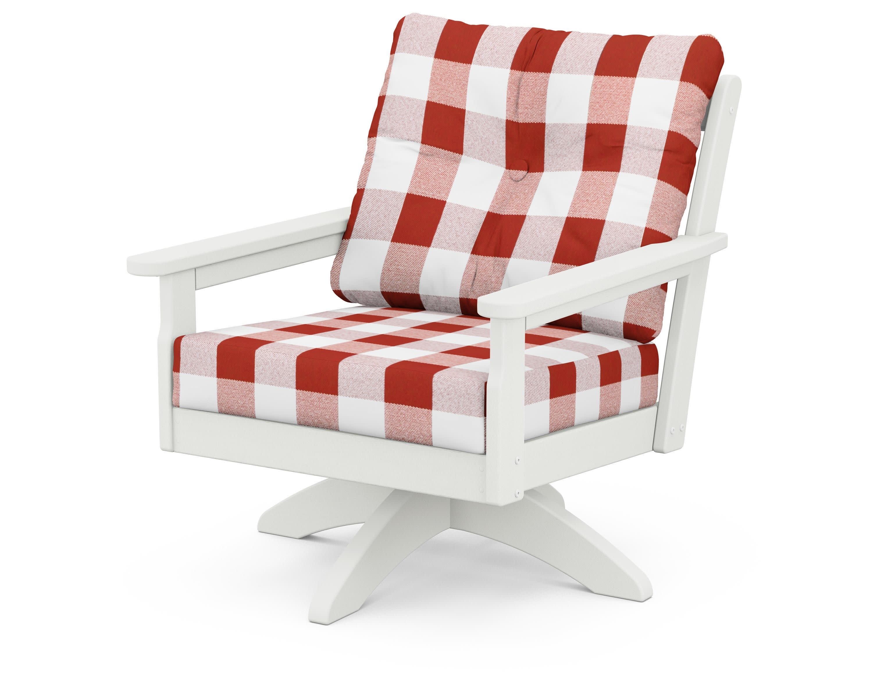Vineyard Deep Seating Swivel Chair in Vintage White / Buffalo Plaid Crimson