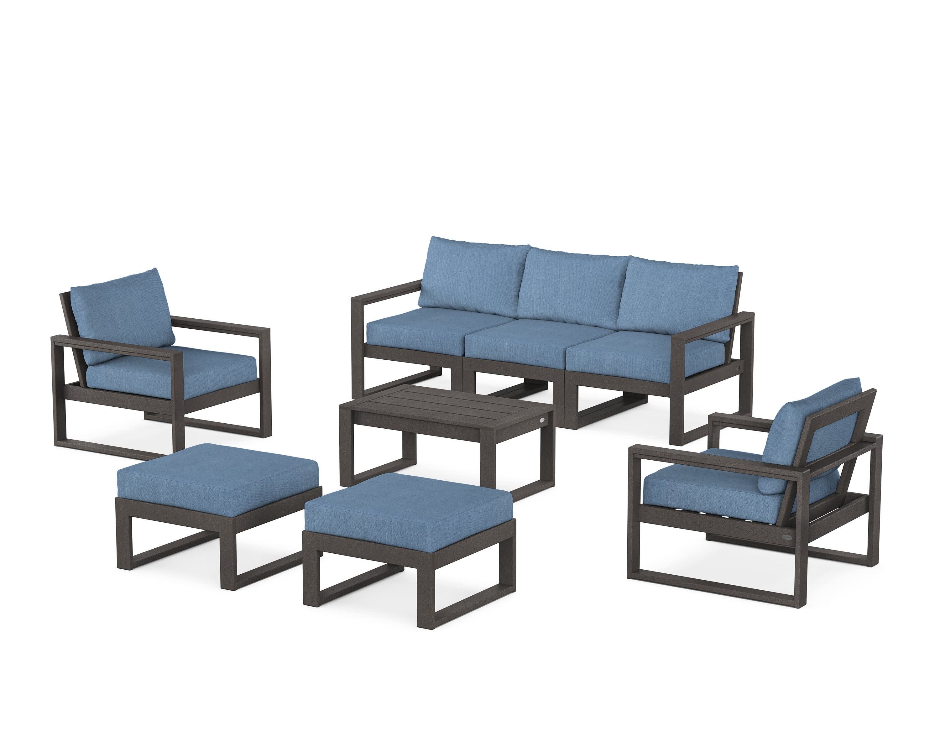 EDGE Sectional 8-Piece Lounge Sofa Set in Vintage Coffee / Sky Blue
