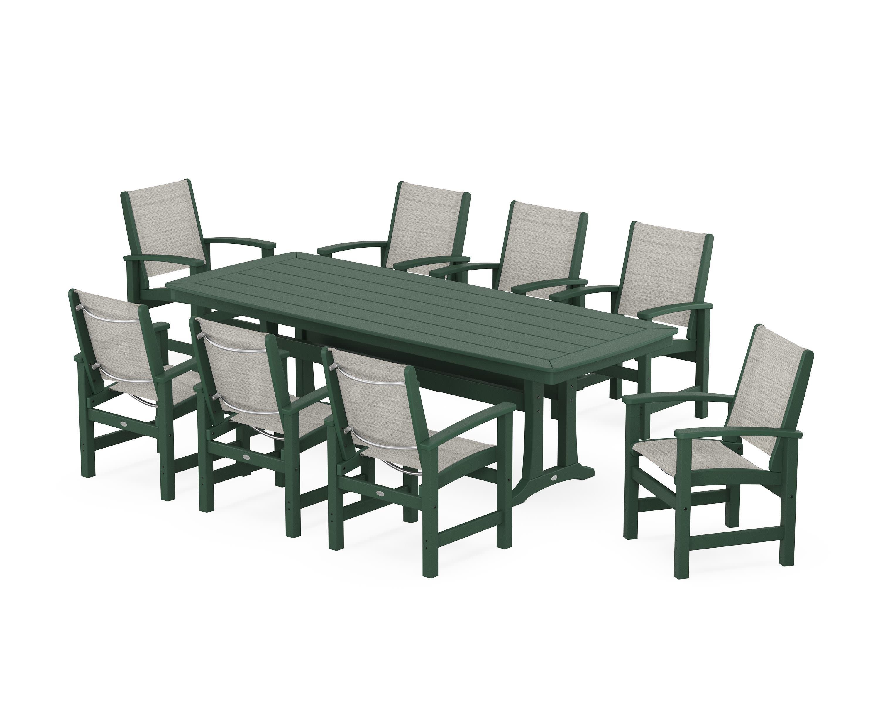 Coastal 9-Piece Dining Set with Trestle Legs in Green / Birch Sling