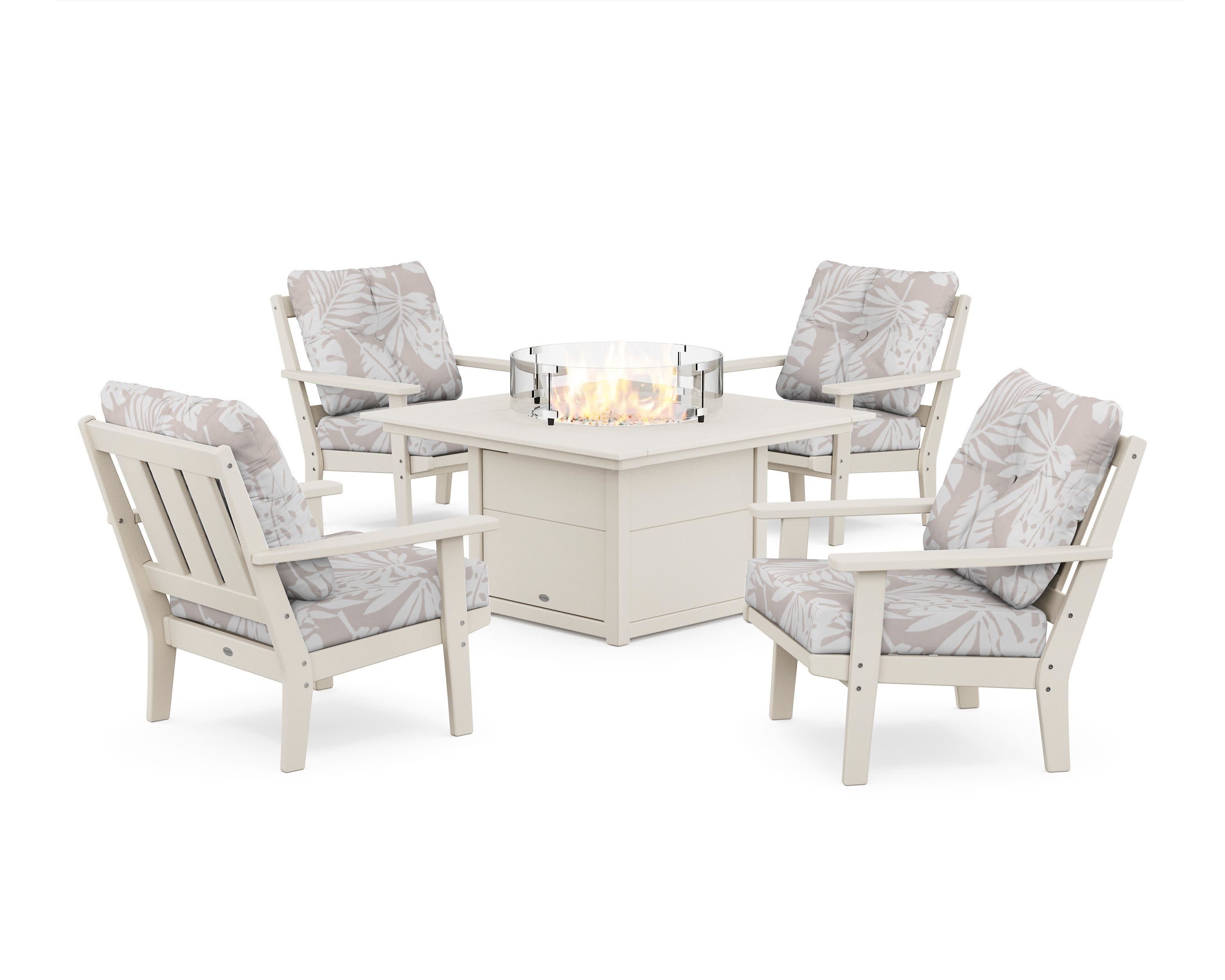 Oxford 5-Piece Deep Seating Set with Fire Pit Table in Sand / Leaf Dune Burlap