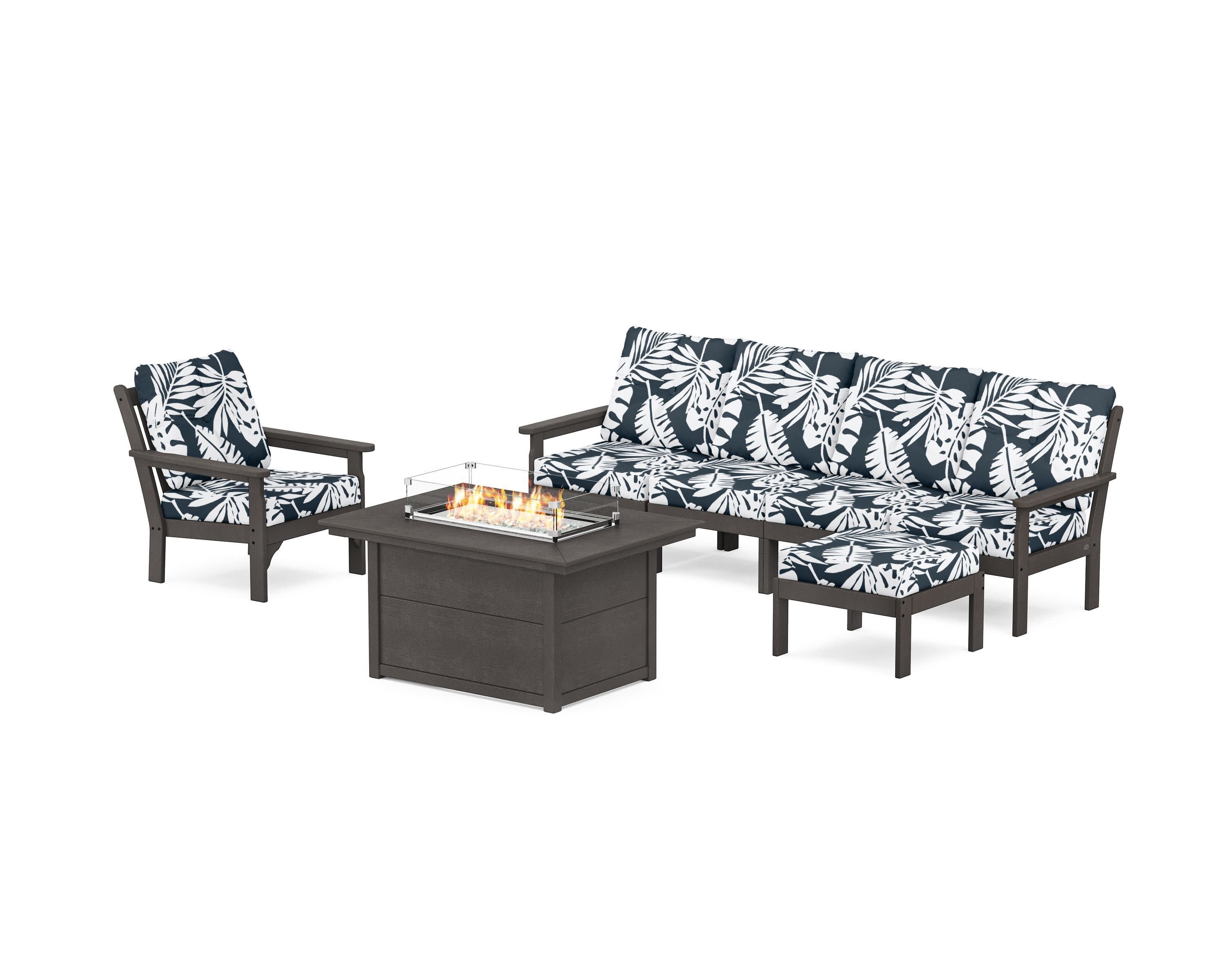 Vineyard Sectional Lounge and Fire Pit Set in Vintage Coffee / Leaf Marine Indigo
