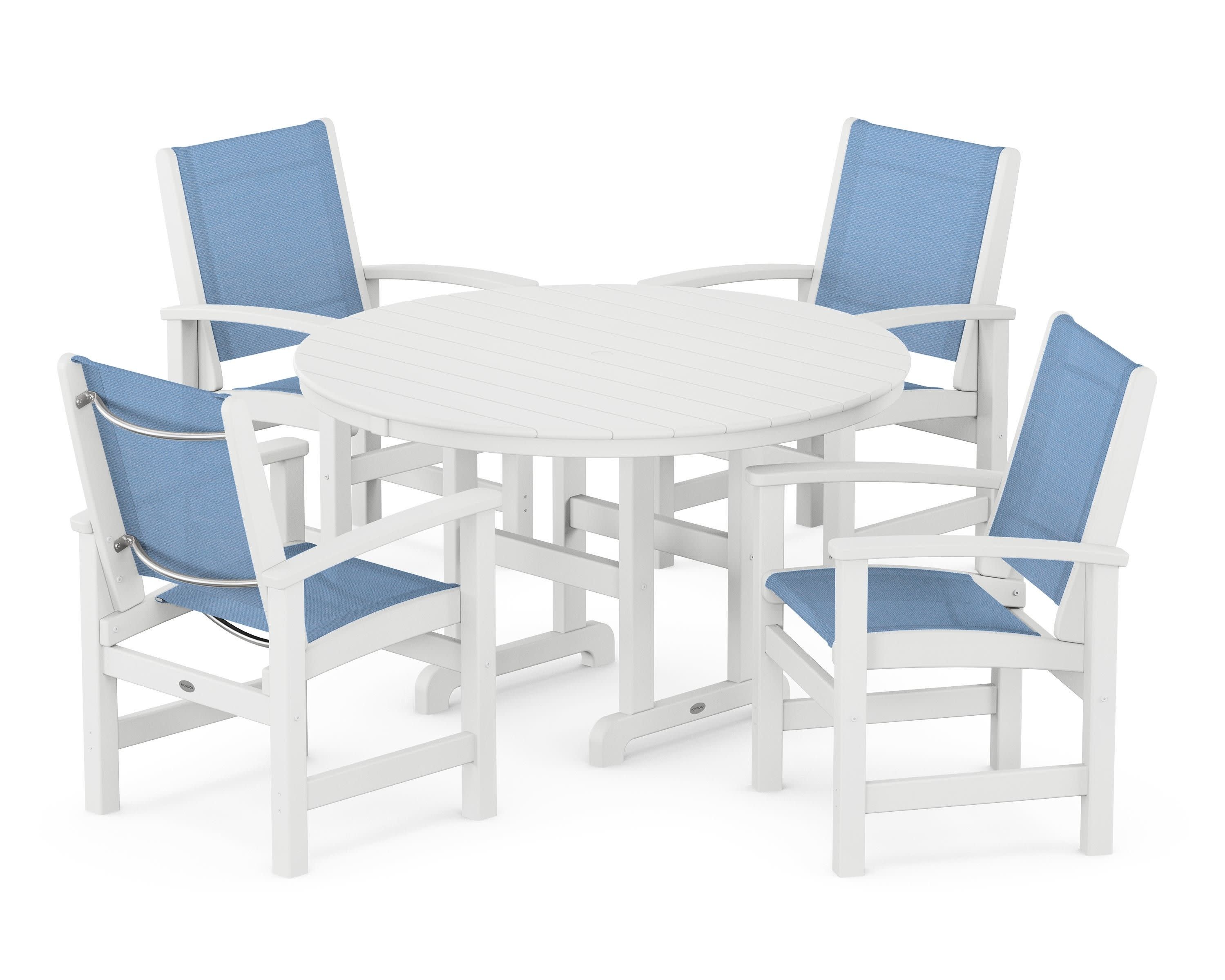 Coastal 5-Piece Round Farmhouse Dining Set in White / Poolside Sling