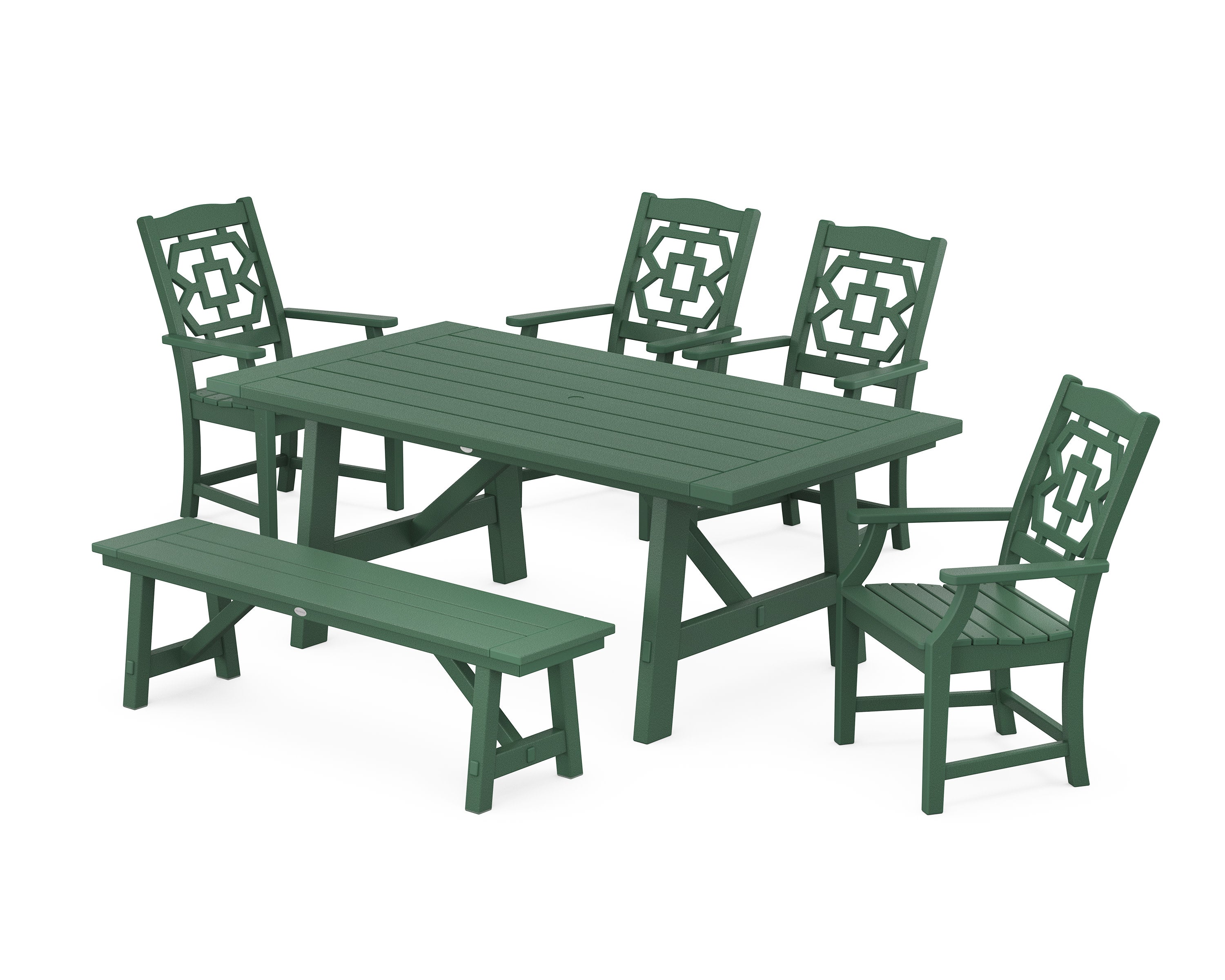Chinoiserie 6-Piece Rustic Farmhouse Dining Set with Bench in Green