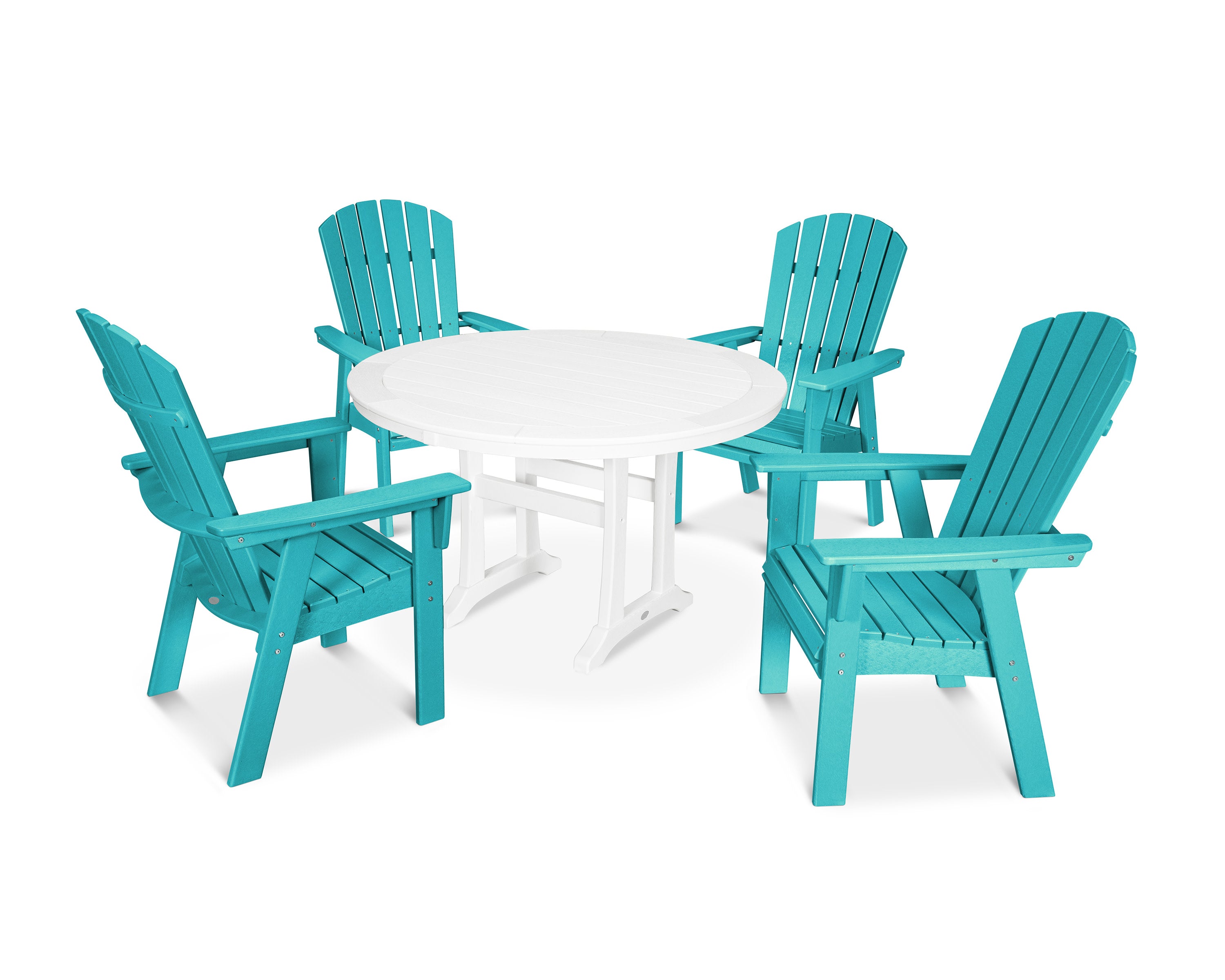 Nautical Curveback Adirondack 5-Piece Round Dining Set with Trestle Legs in Aruba / White