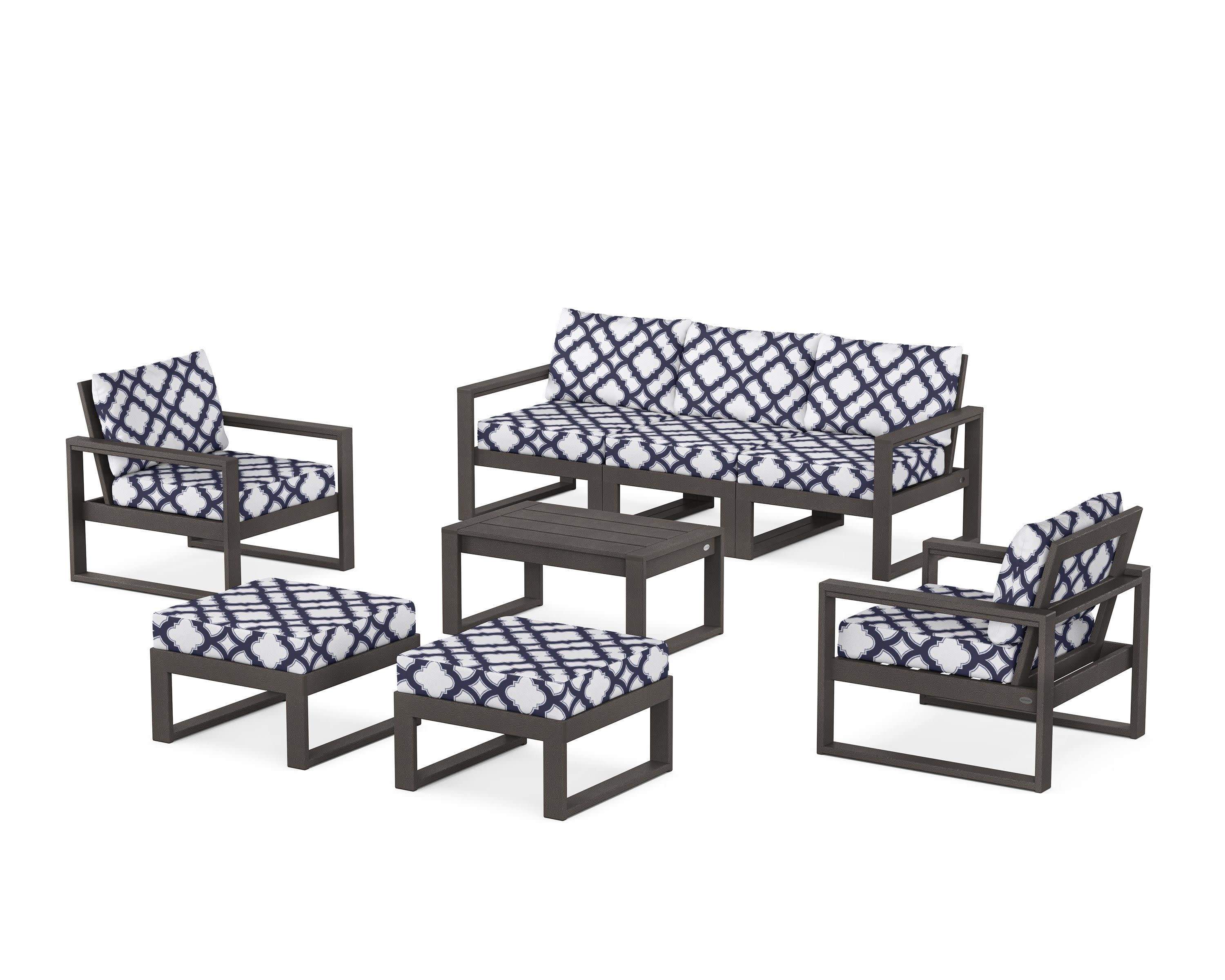 EDGE Sectional 8-Piece Lounge Sofa Set in Vintage Coffee / Trellis Navy