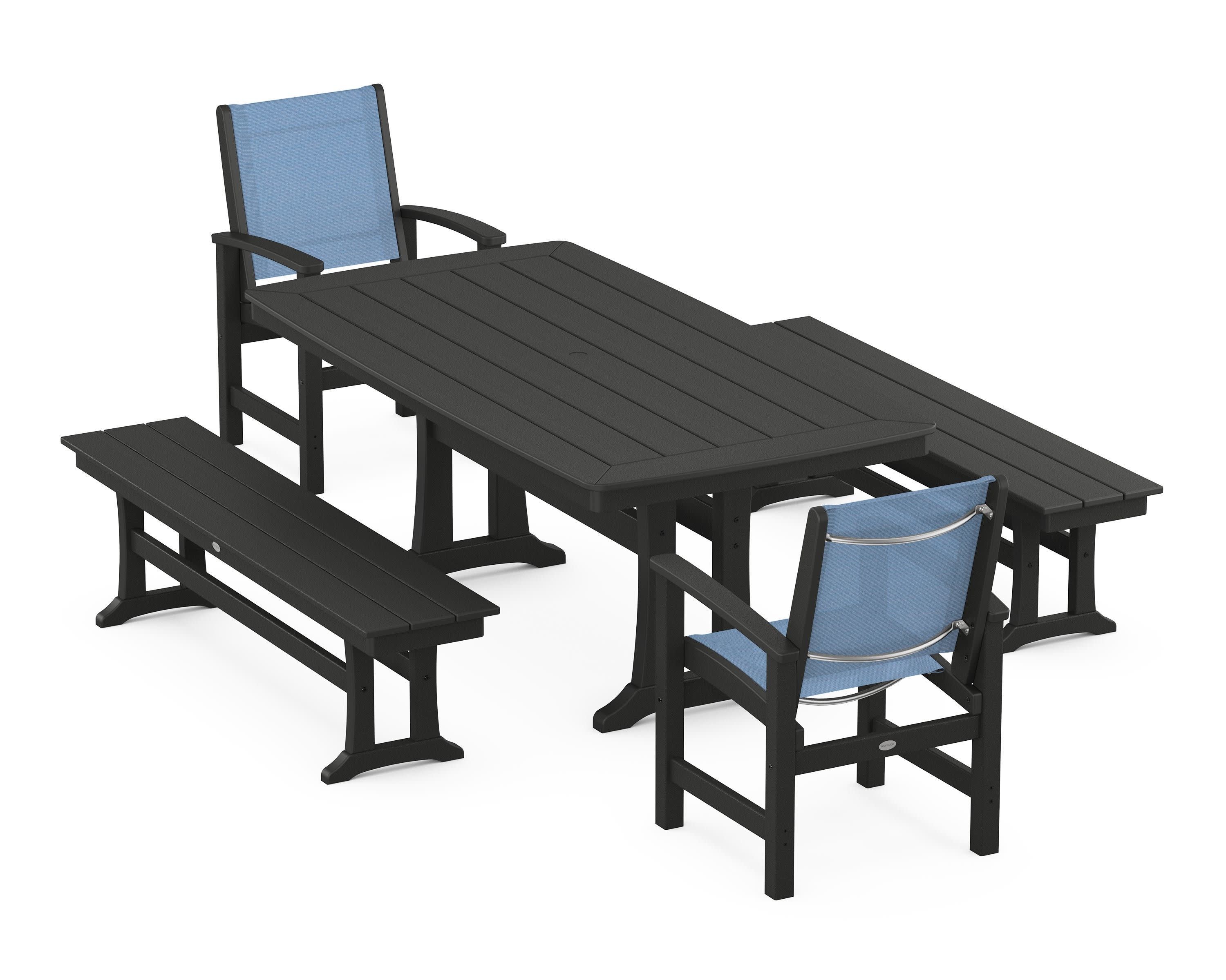 Coastal 5-Piece Dining Set with Trestle Legs and Benches in Black / Poolside Sling