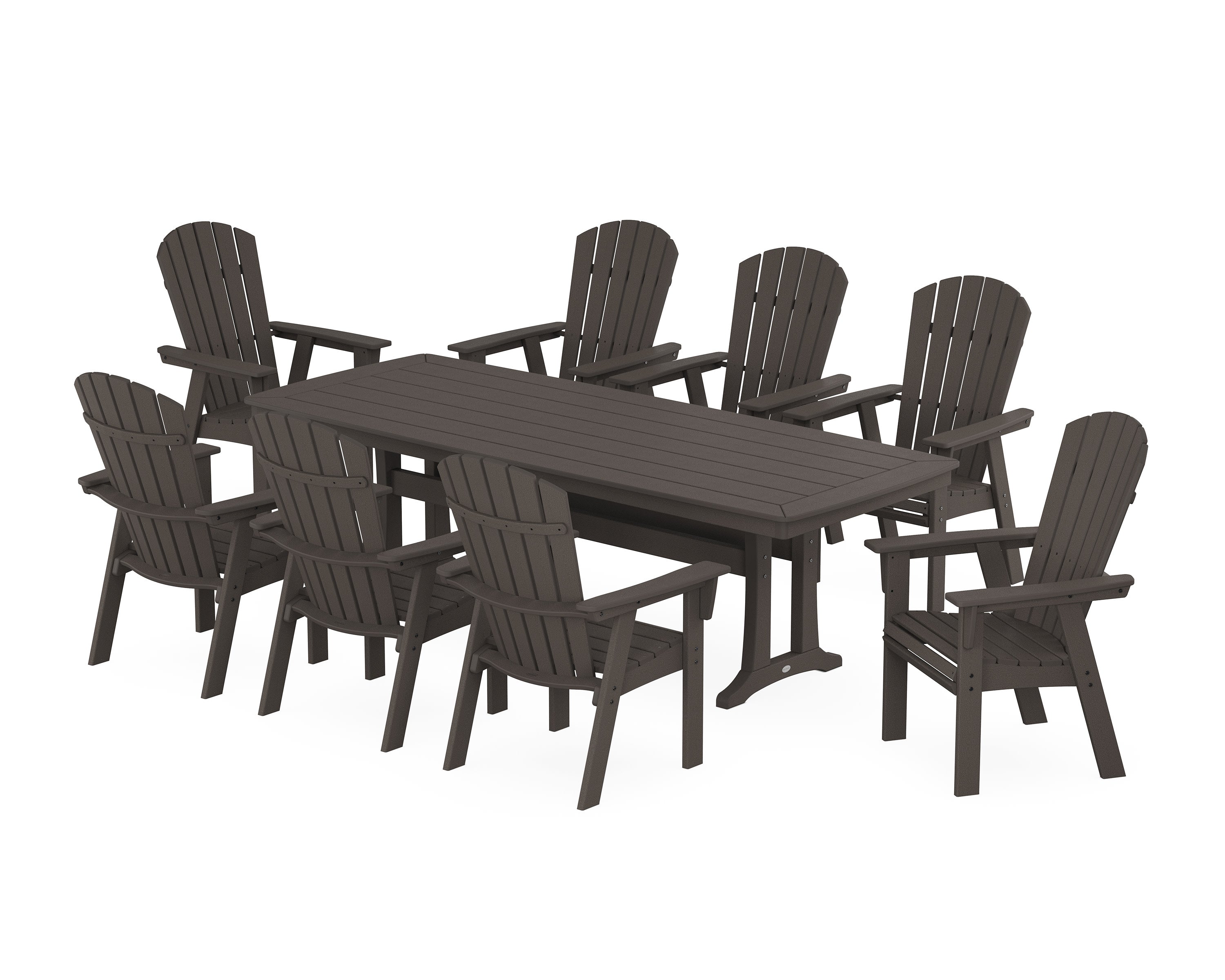 Nautical Curveback Adirondack 9-Piece Dining Set with Trestle Legs in Vintage Coffee