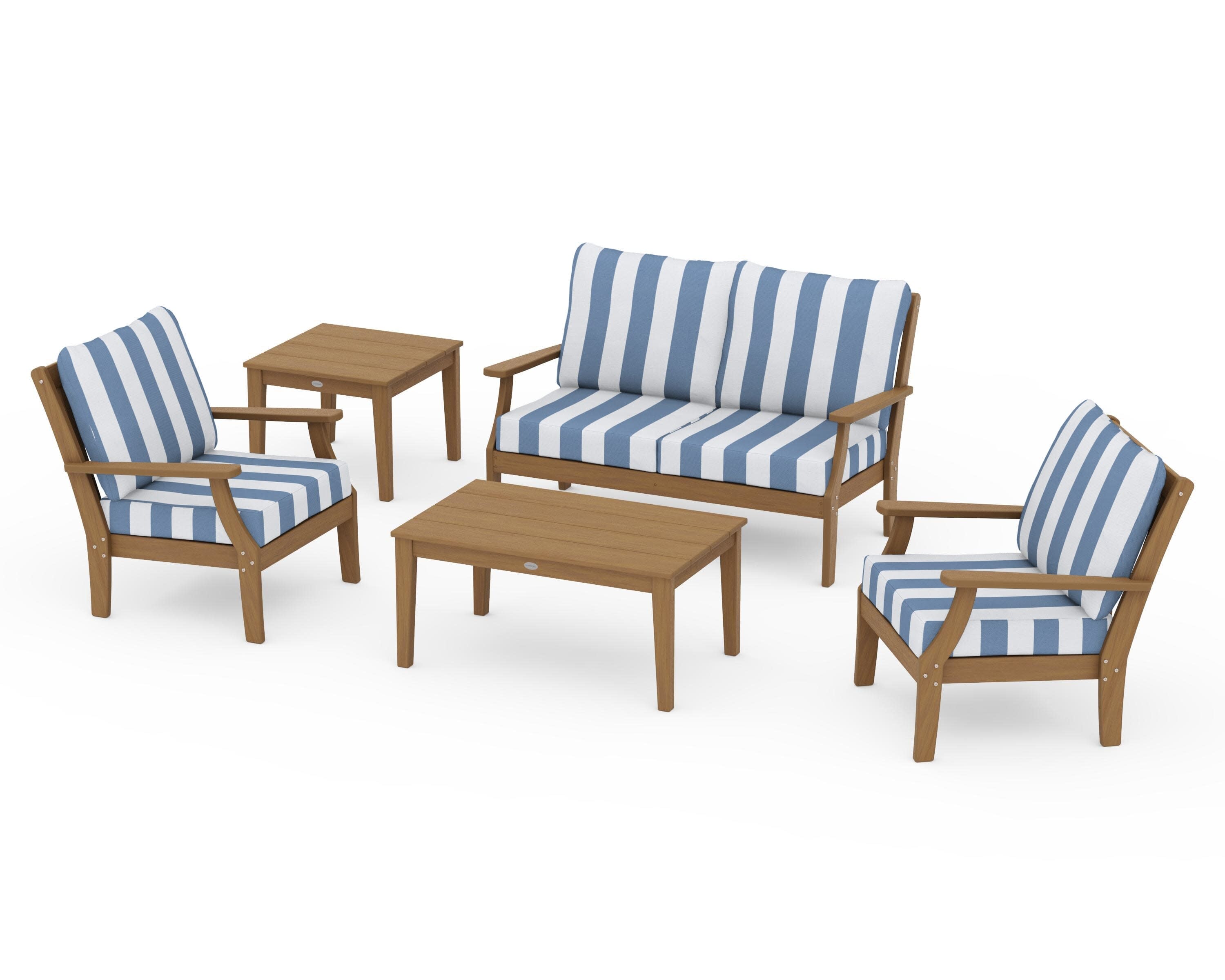 Braxton 5-Piece Deep Seating Set in Natural / Cabana Stripe Sky Blue
