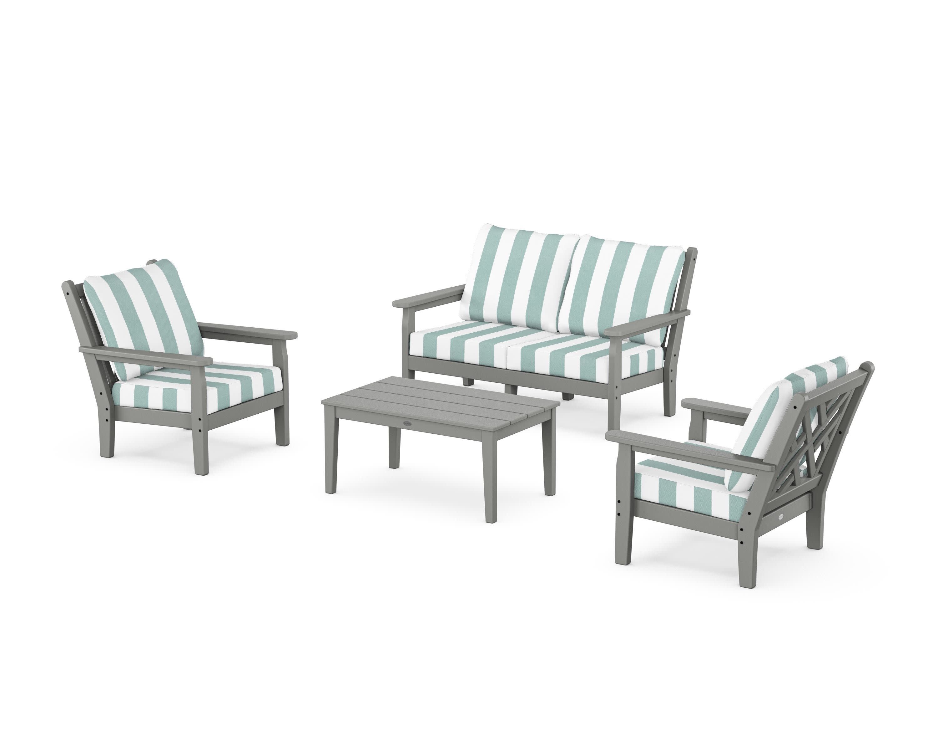 Chippendale 4-Piece Deep Seating Set with Loveseat in Slate Grey / Cabana Stripe Glacier Spa