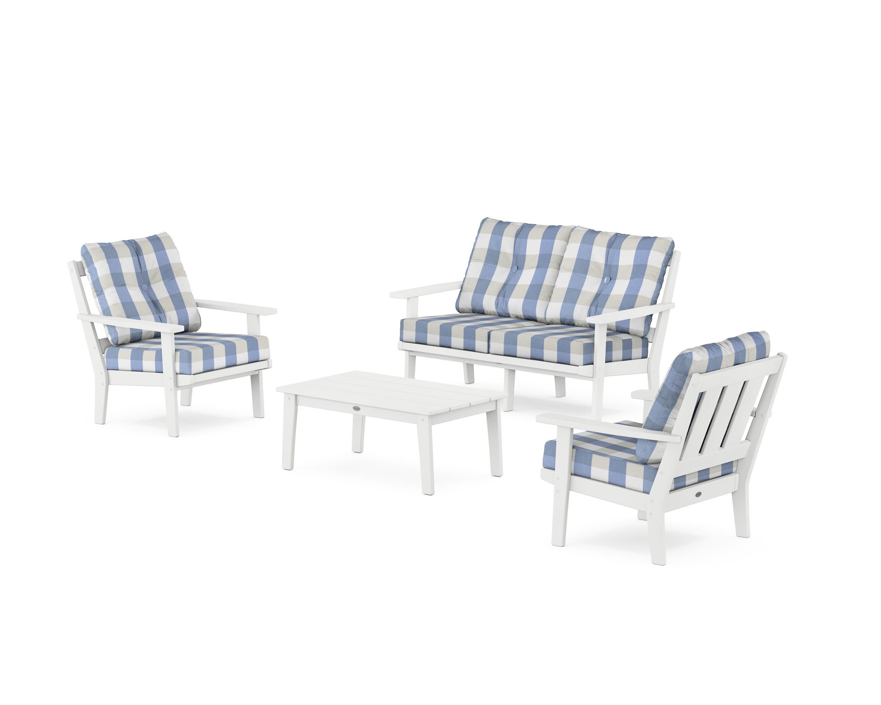 Oxford 4-Piece Deep Seating Set with Loveseat in White / Buffalo Plaid Sky Blue