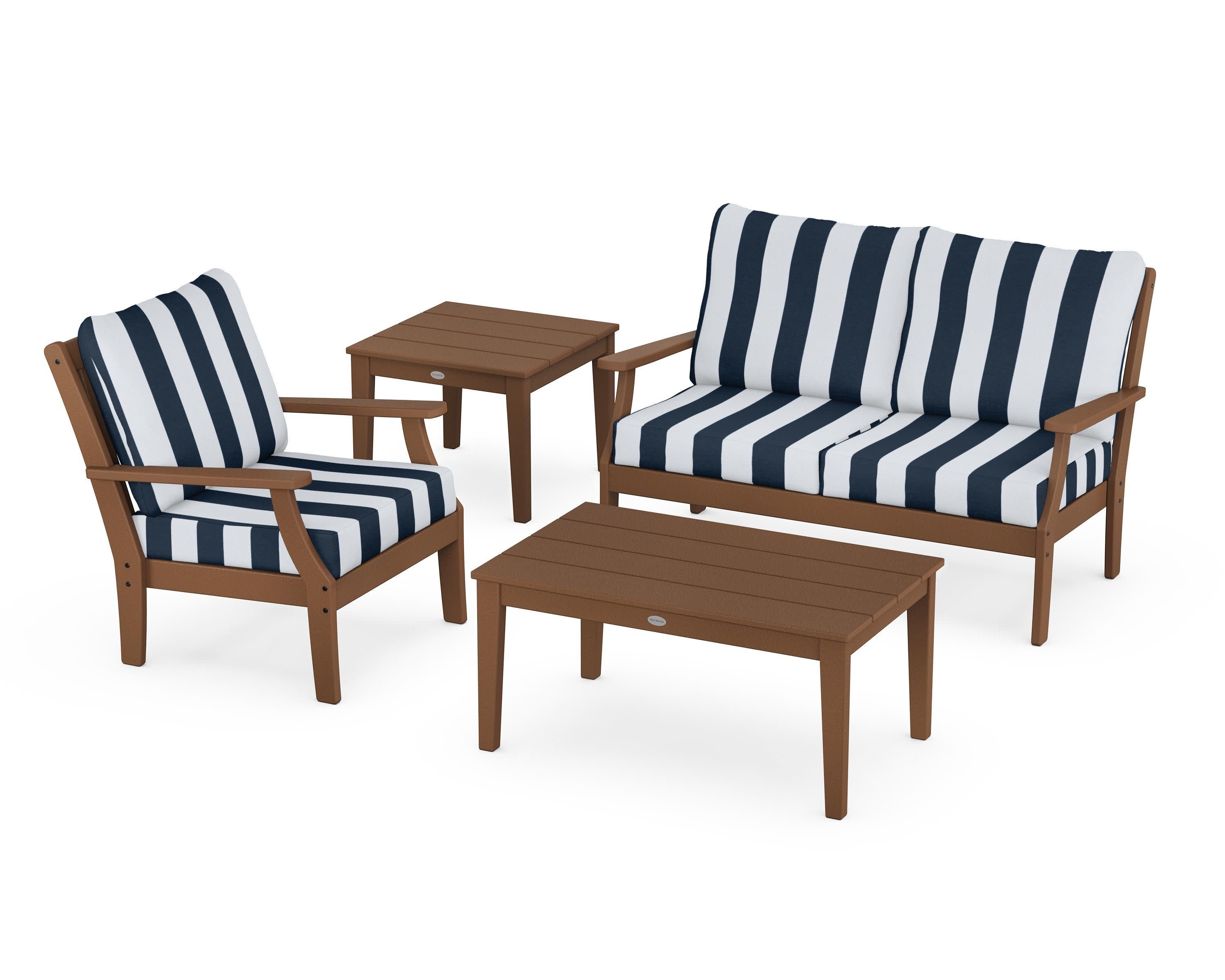 Braxton 4-Piece Deep Seating Set in Teak / Cabana Stripe Marine Indigo