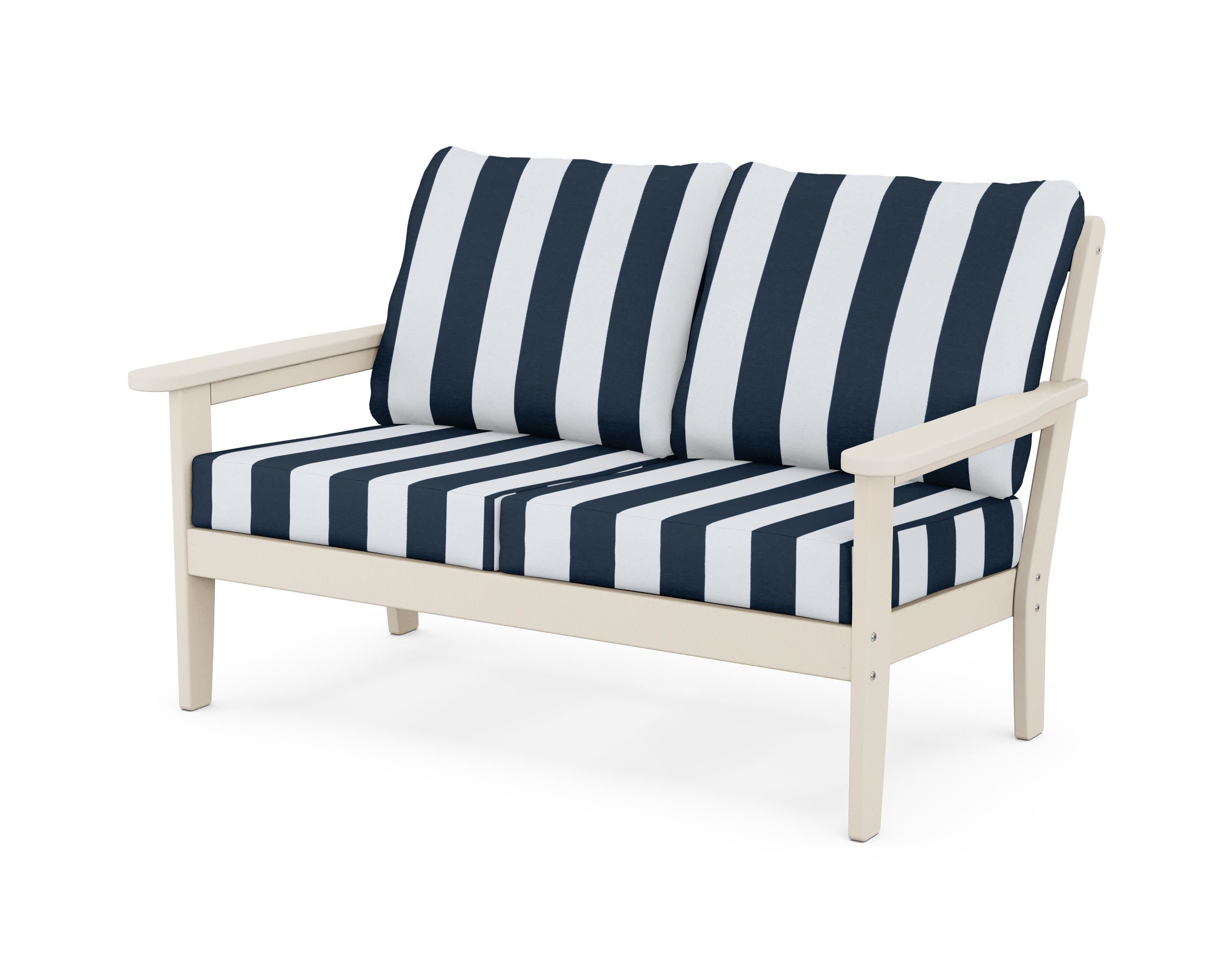 Cottage Deep Seating Loveseat in Sand / Cabana Stripe Marine Indigo