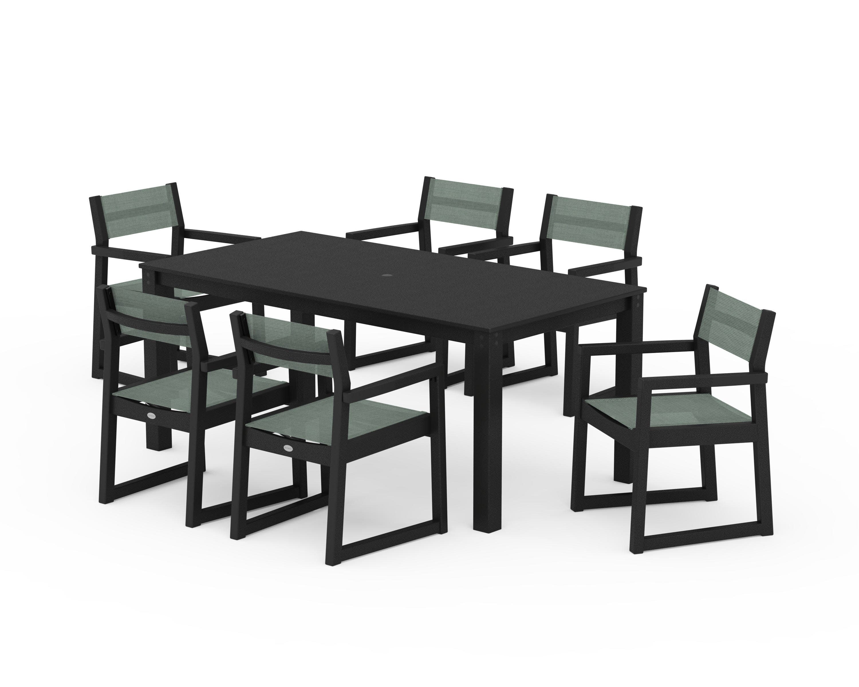 EDGE Sling Arm Chair 7-Piece Parsons Dining Set in Black / Dupioni Sea Mist Sling