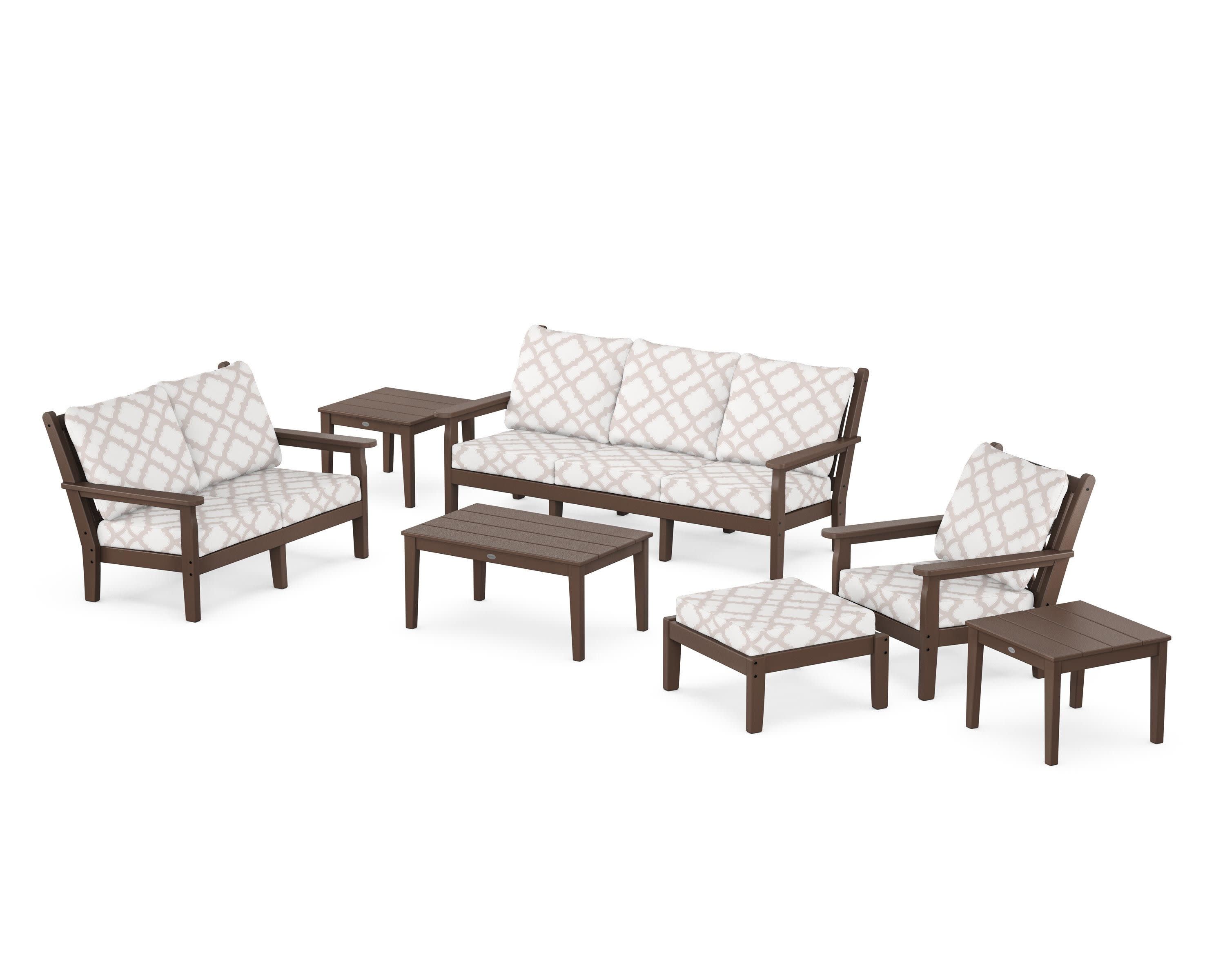 Chippendale 7-Piece Deep Seating Set in Mahogany / Trellis Dune Burlap
