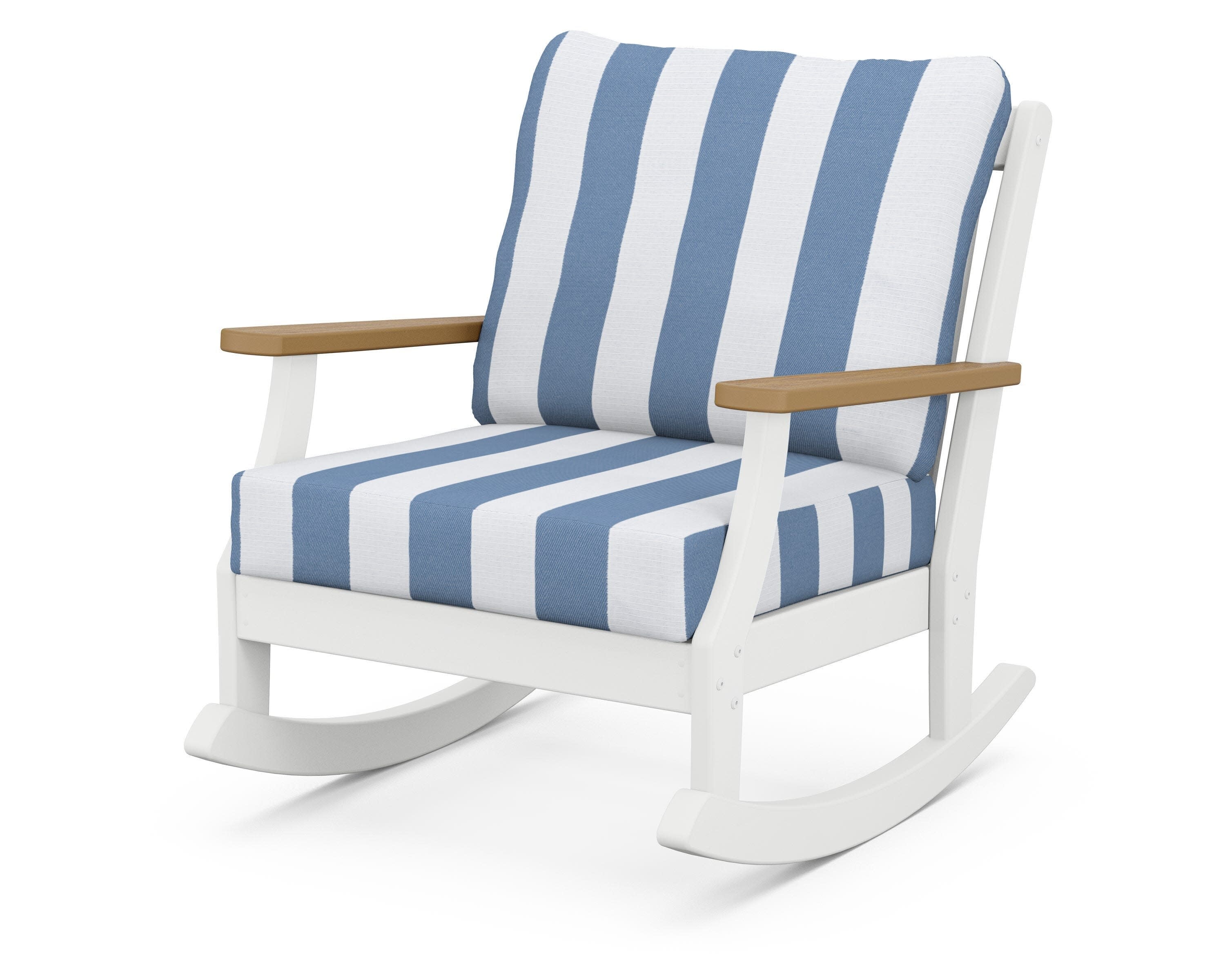 Braxton Deep Seating Rocking Chair in White / Natural / Cabana Stripe Sky Blue
