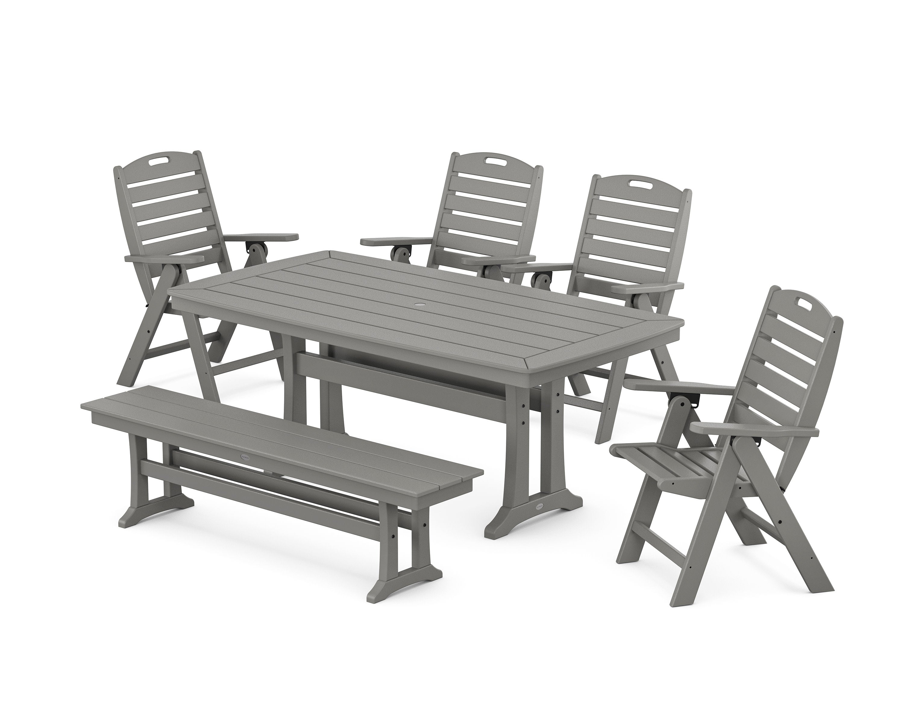 Nautical Highback 6-Piece Dining Set with Trestle Legs and Bench in Slate Grey