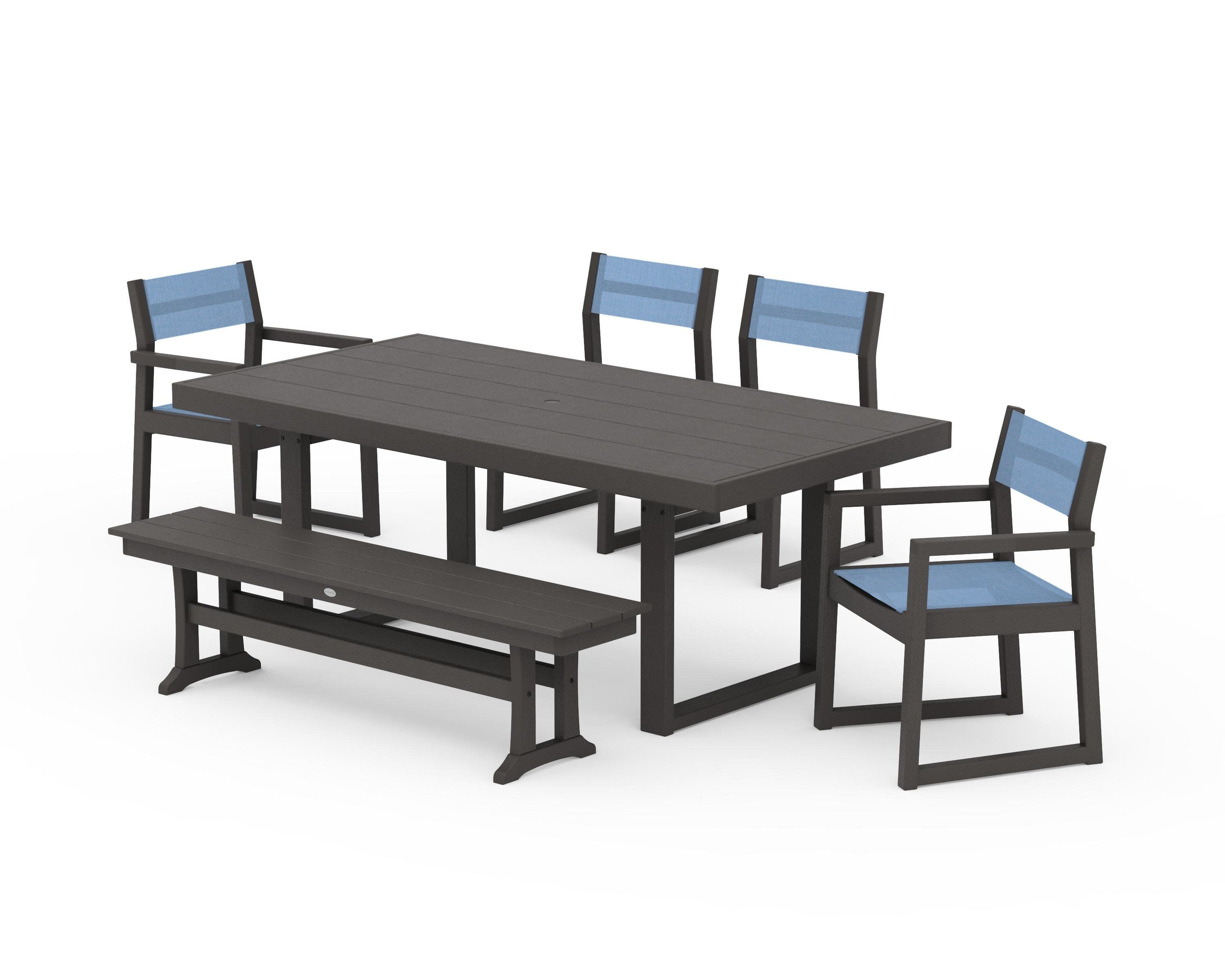 EDGE Sling 6-Piece Dining Set with Bench in Vintage Coffee / Poolside Sling