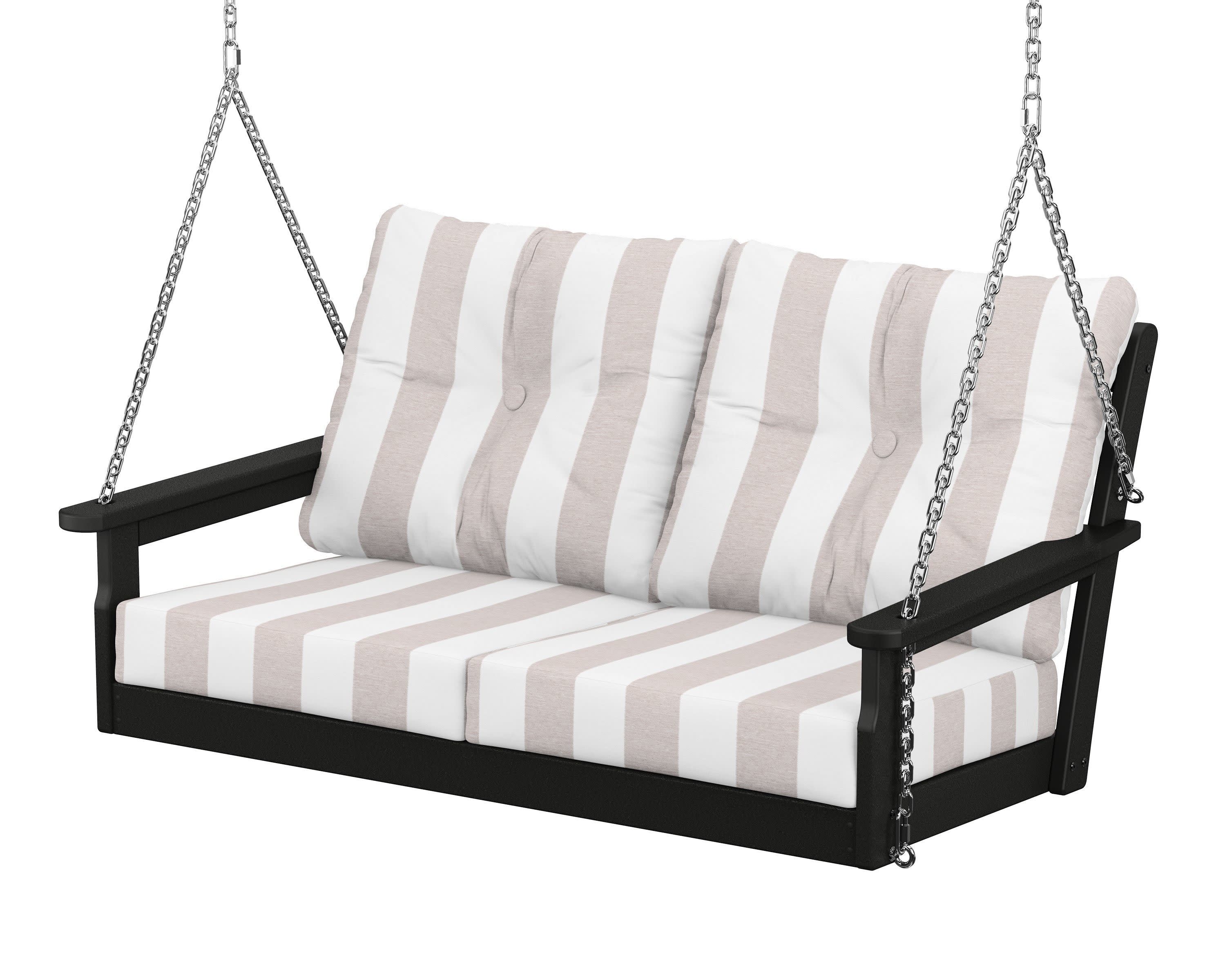 Vineyard Deep Seating Swing in Black / Cabana Stripe Dune Burlap