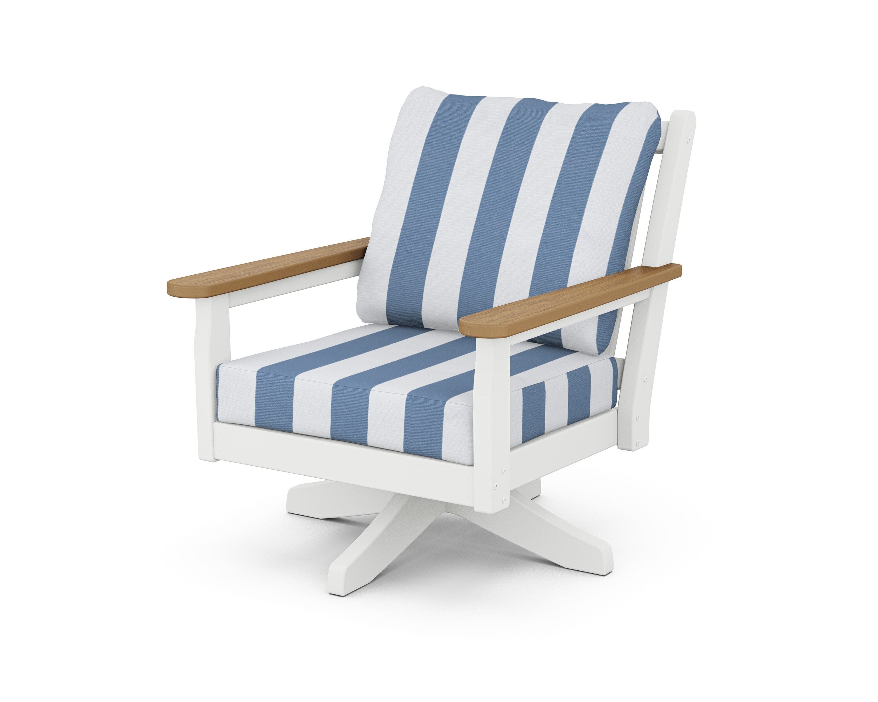 Chippendale Deep Seating Swivel Chair in White / Natural / Cabana Stripe Sky Blue