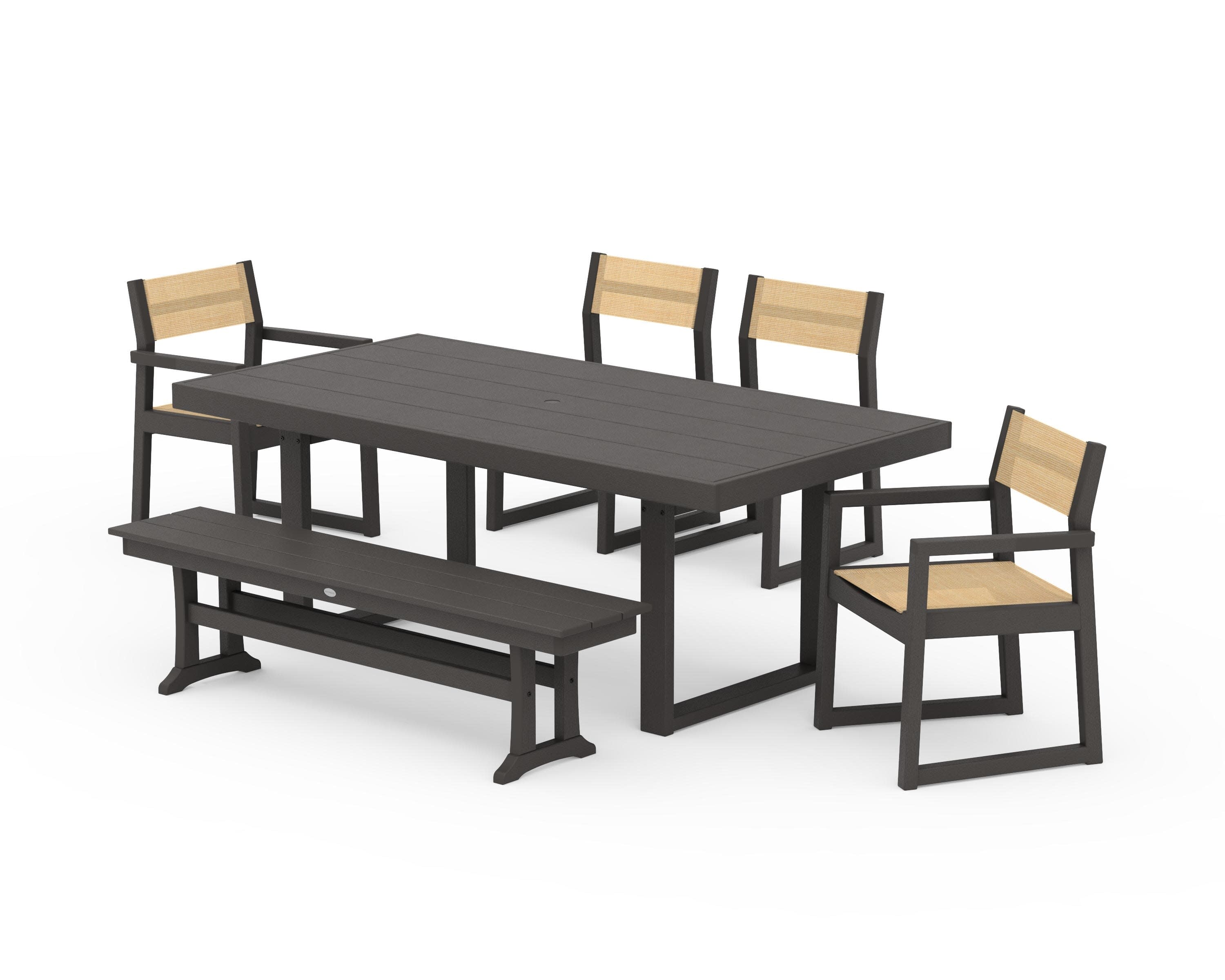 EDGE Sling 6-Piece Dining Set with Bench in Vintage Coffee / Dupioni Apricot Sling