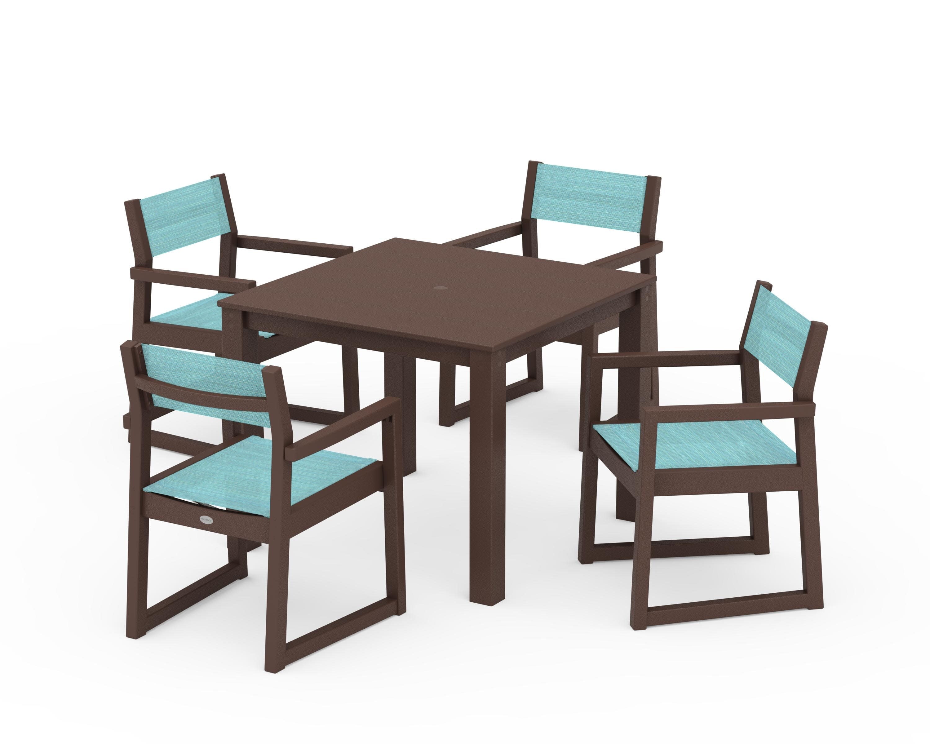 EDGE Sling Arm Chair 5-Piece Parsons Dining Set in Mahogany / Dupioni Aquamarine Sling