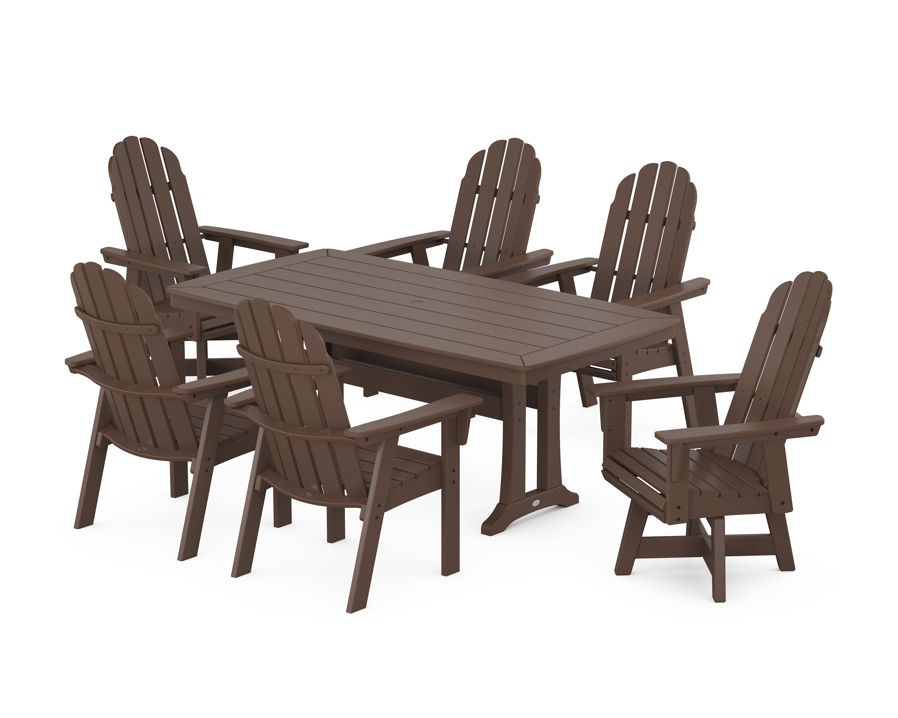 Vineyard Curveback Adirondack Swivel Chair 7-Piece Dining Set with Trestle Legs in Mahogany