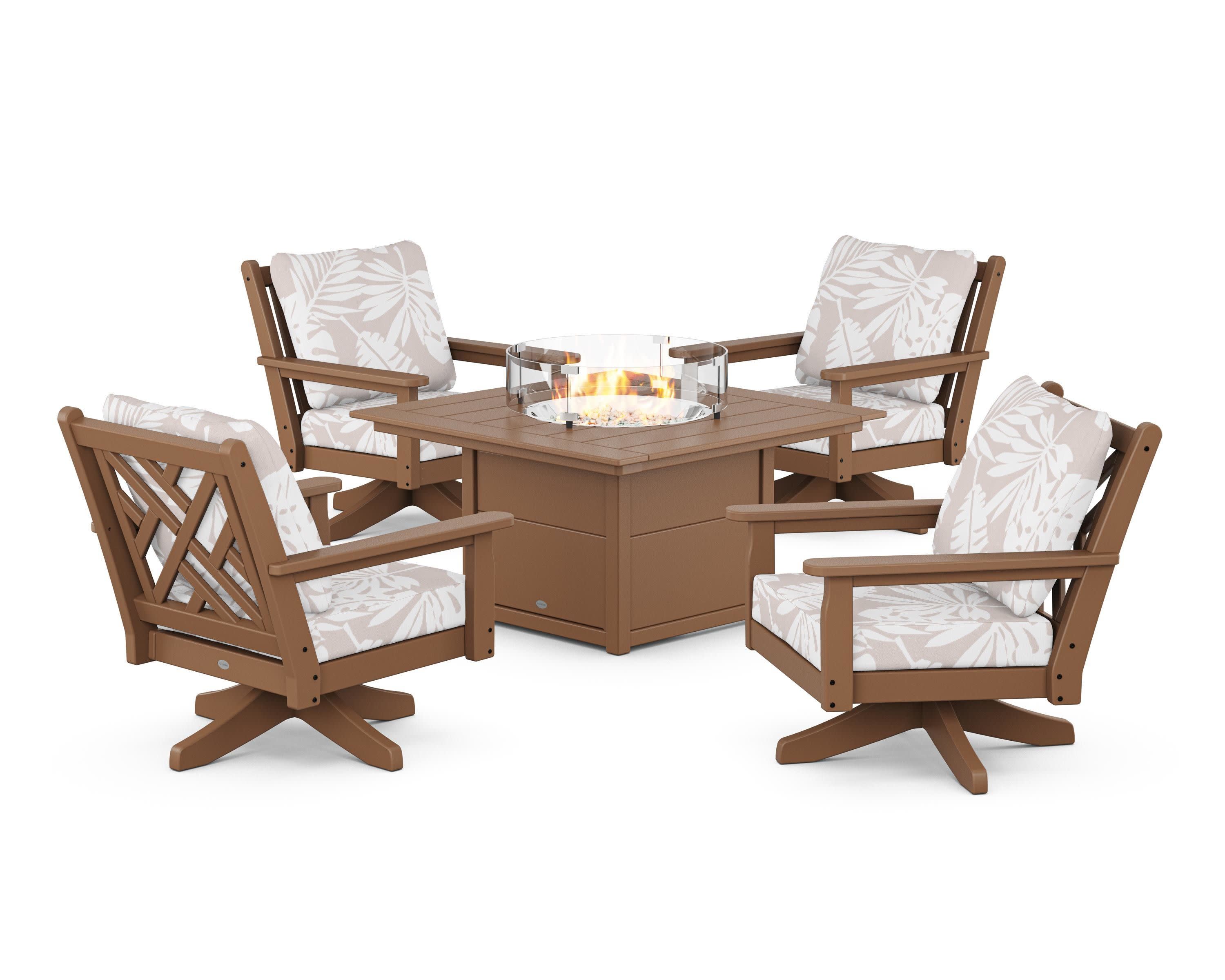 Chippendale 5-Piece Deep Seating Swivel Conversation Set with Fire Pit Table in Teak / Leaf Dune Burlap