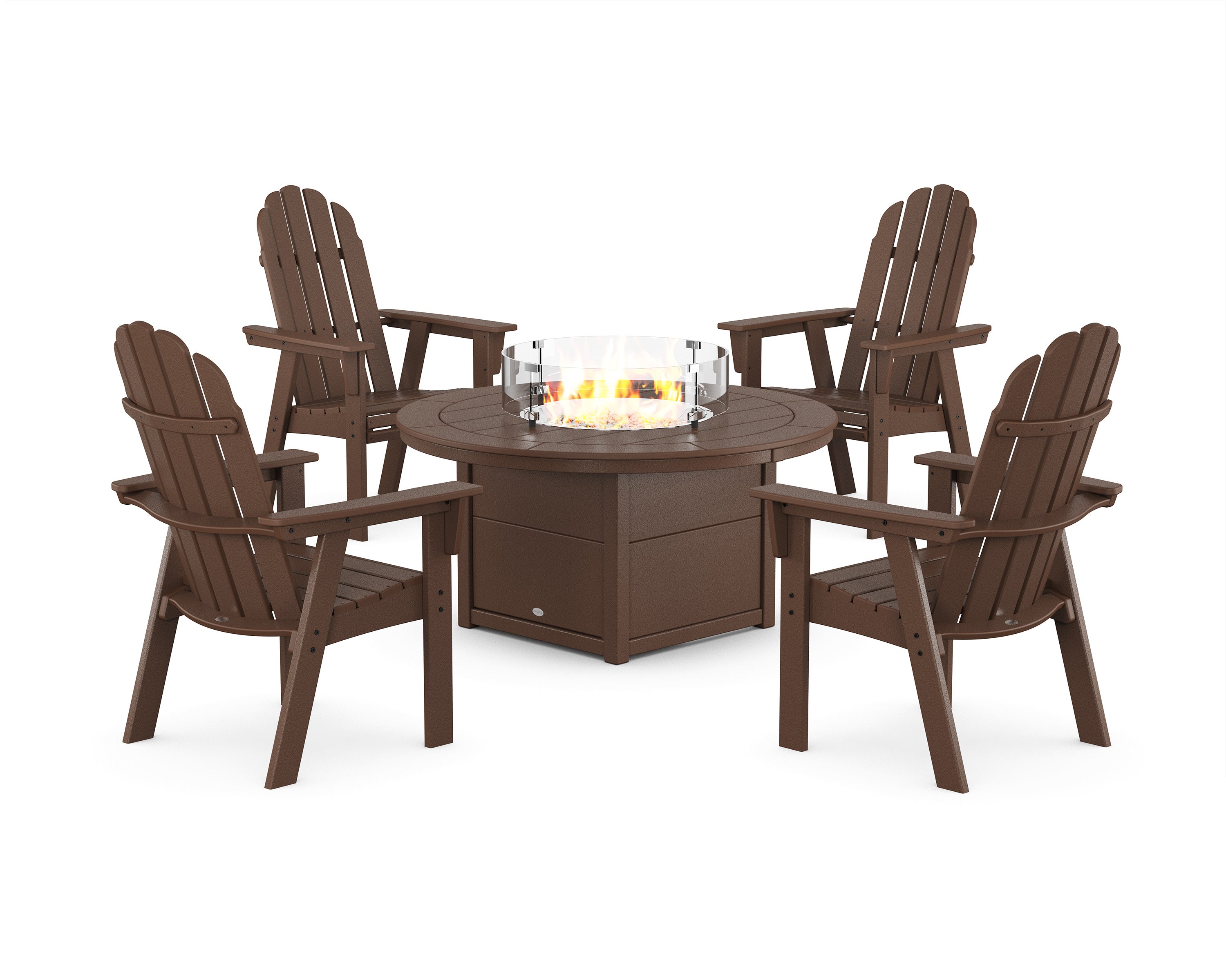Vineyard 4-Piece Curveback Upright Adirondack Conversation Set with Fire Pit Table in Mahogany