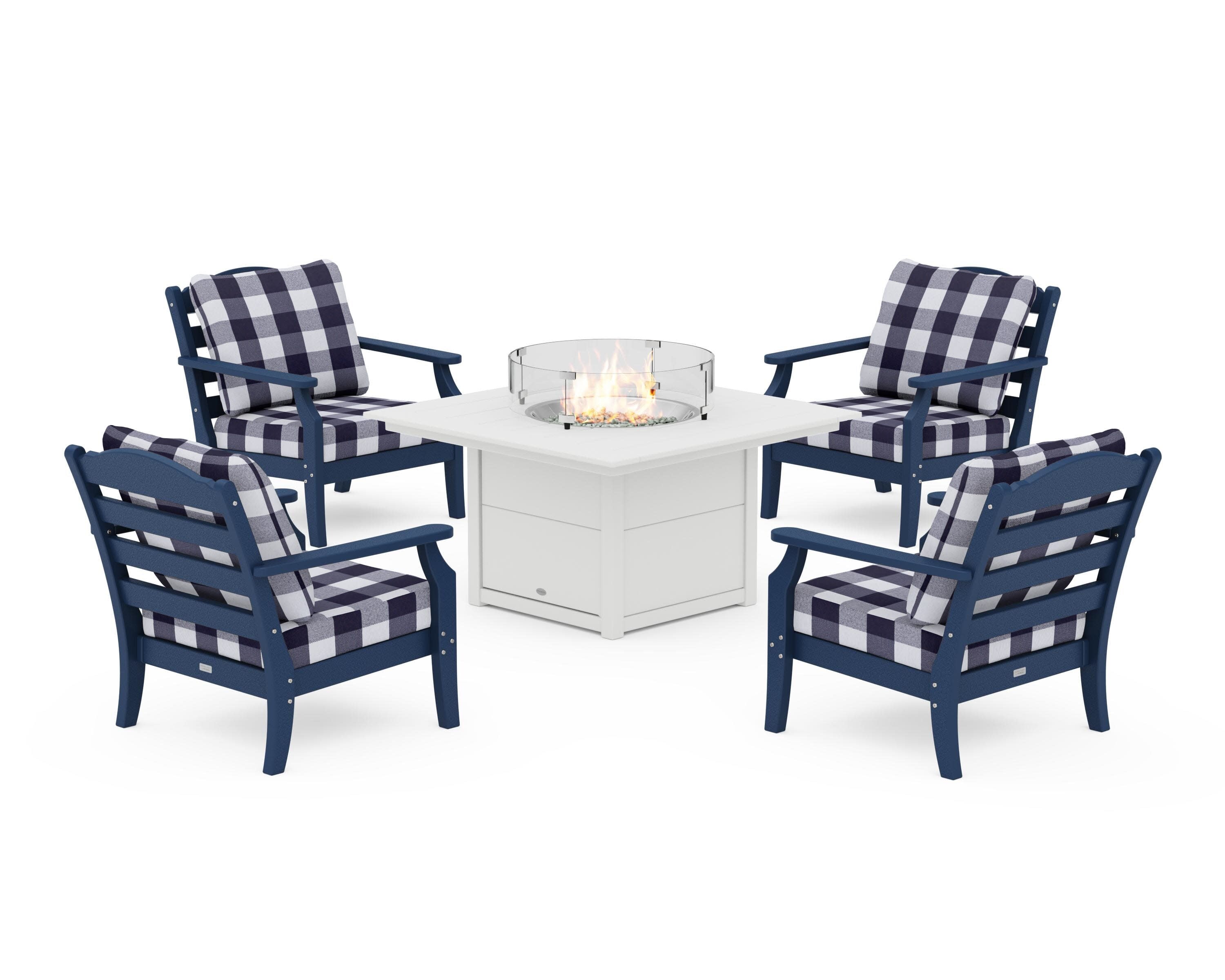 Savannah 5-Piece Deep Seating Set with Fire Pit Table in Navy / Buffalo Plaid Navy