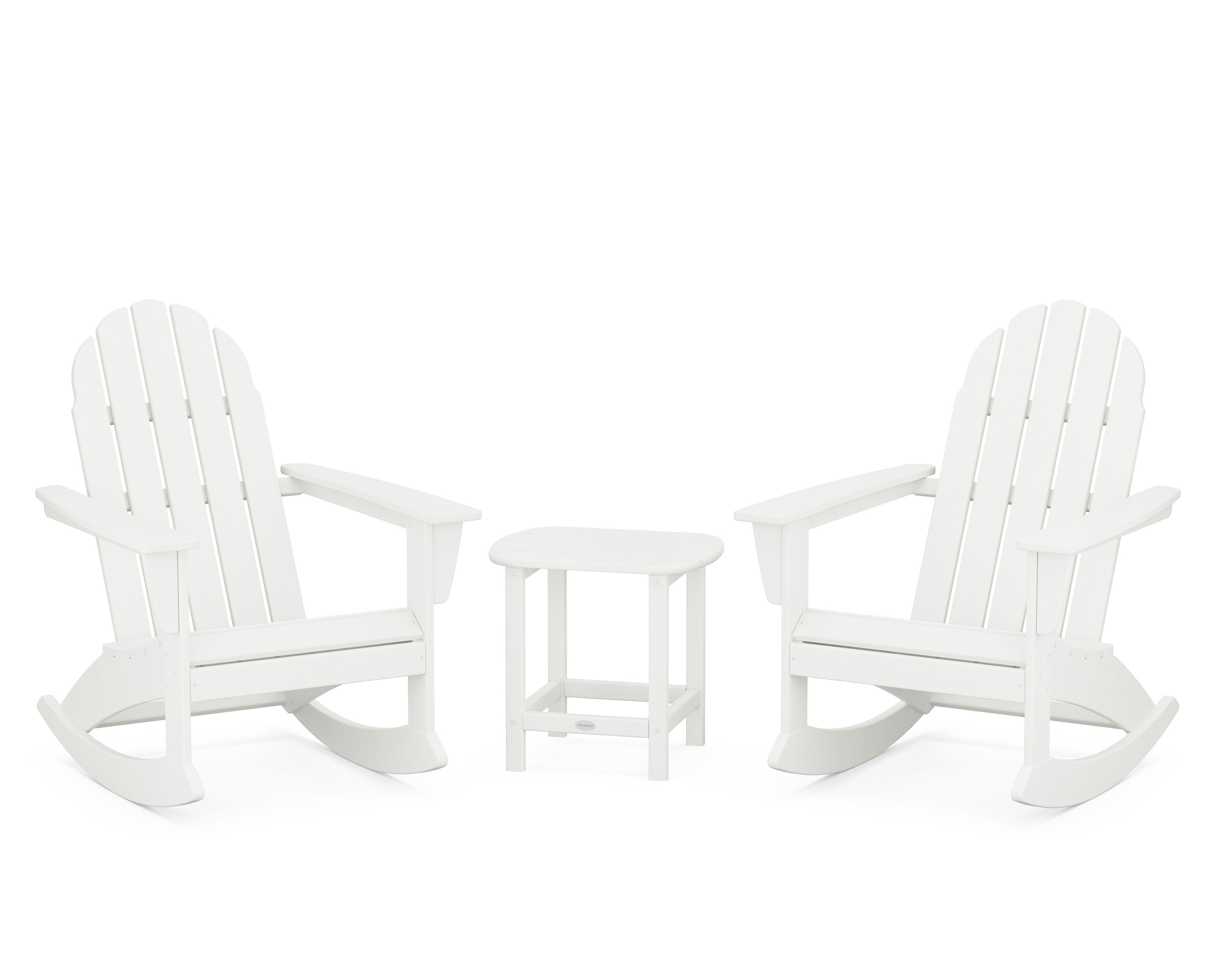 Vineyard 3-Piece Adirondack Rocking Chair Set with South Beach 18" Side Table in Vintage White