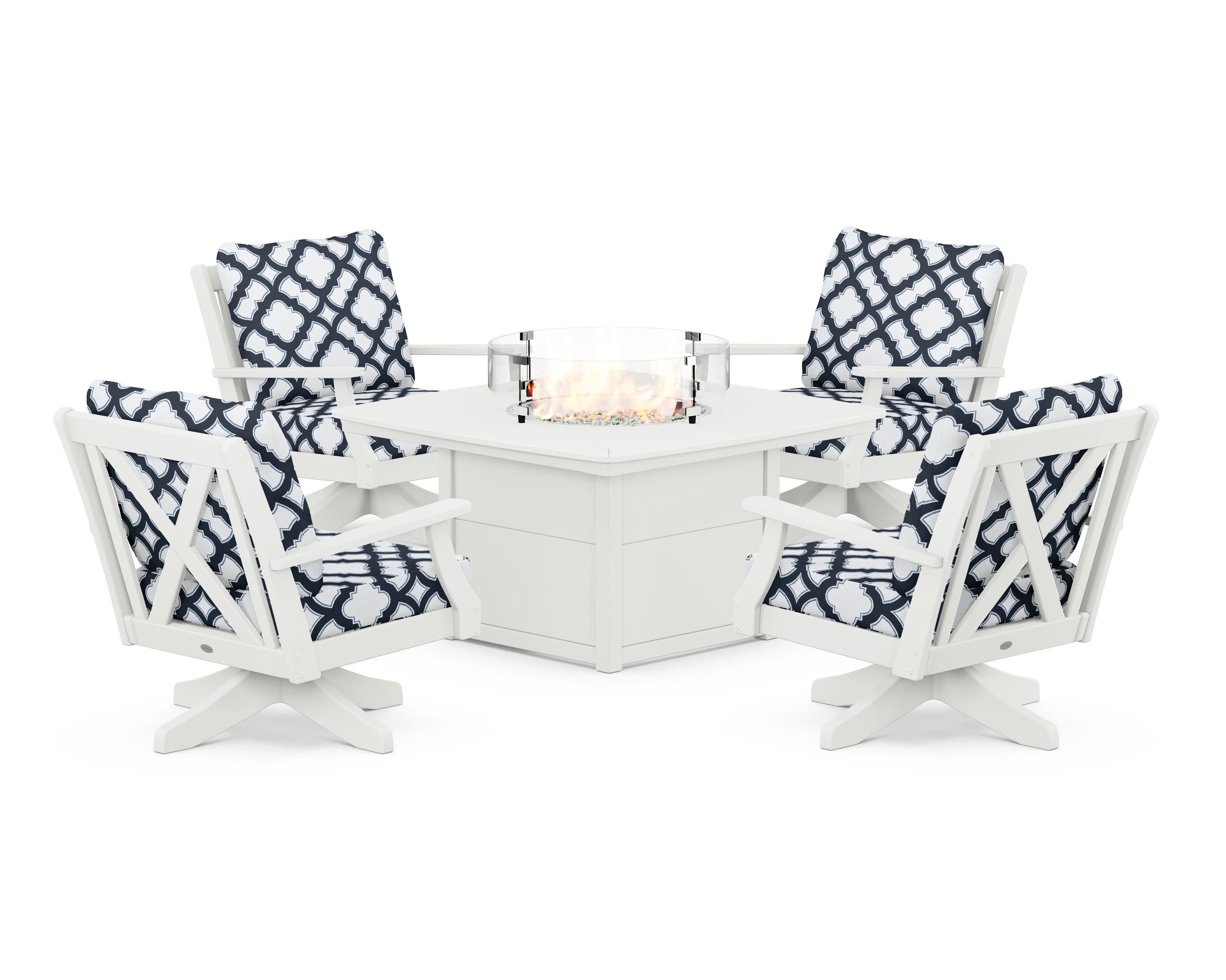 Braxton 5-Piece Deep Seating Swivel Conversation Set with Fire Pit Table in Vintage White / Trellis Marine Indigo