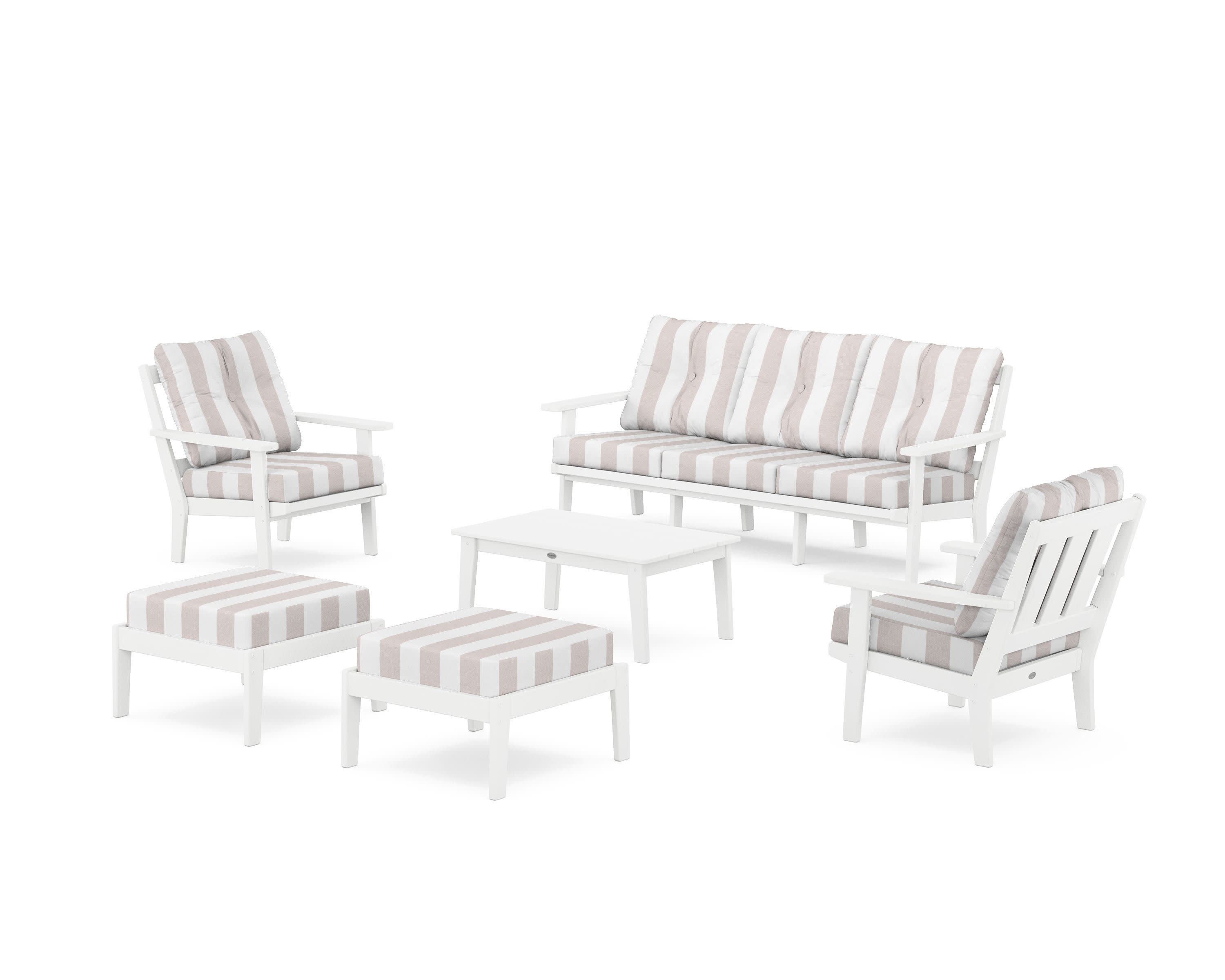 Oxford 6-Piece Lounge Sofa Set in White / Cabana Stripe Dune Burlap
